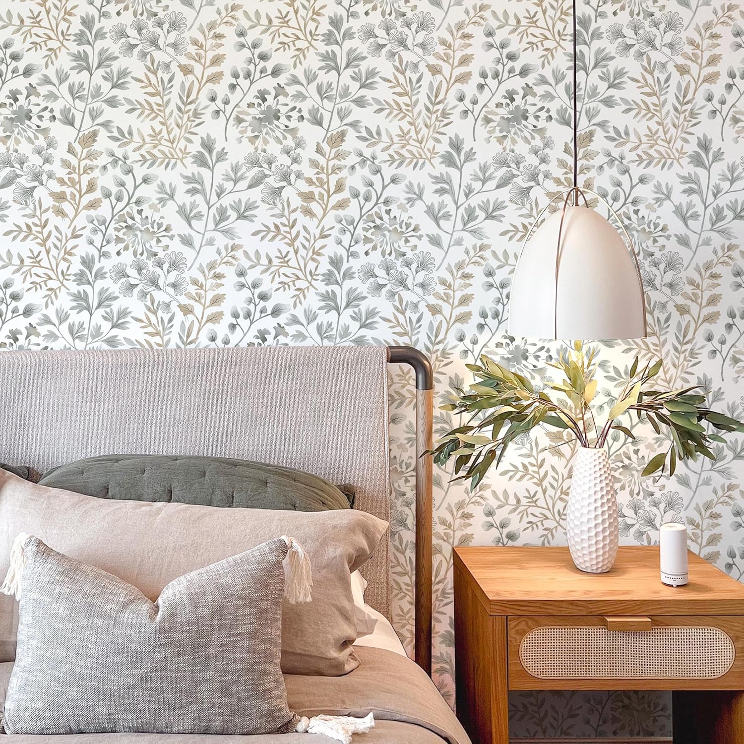 Rugreat Vintage Leaf Peel and Stick Wallpaper Boho Gray/Brown Contact Paper for Cabinets Self-Adhesive Removable Wallpaper for Bedroom Decor Botanical Contact Paper Bathroom Waterproof 393inL17.3inW