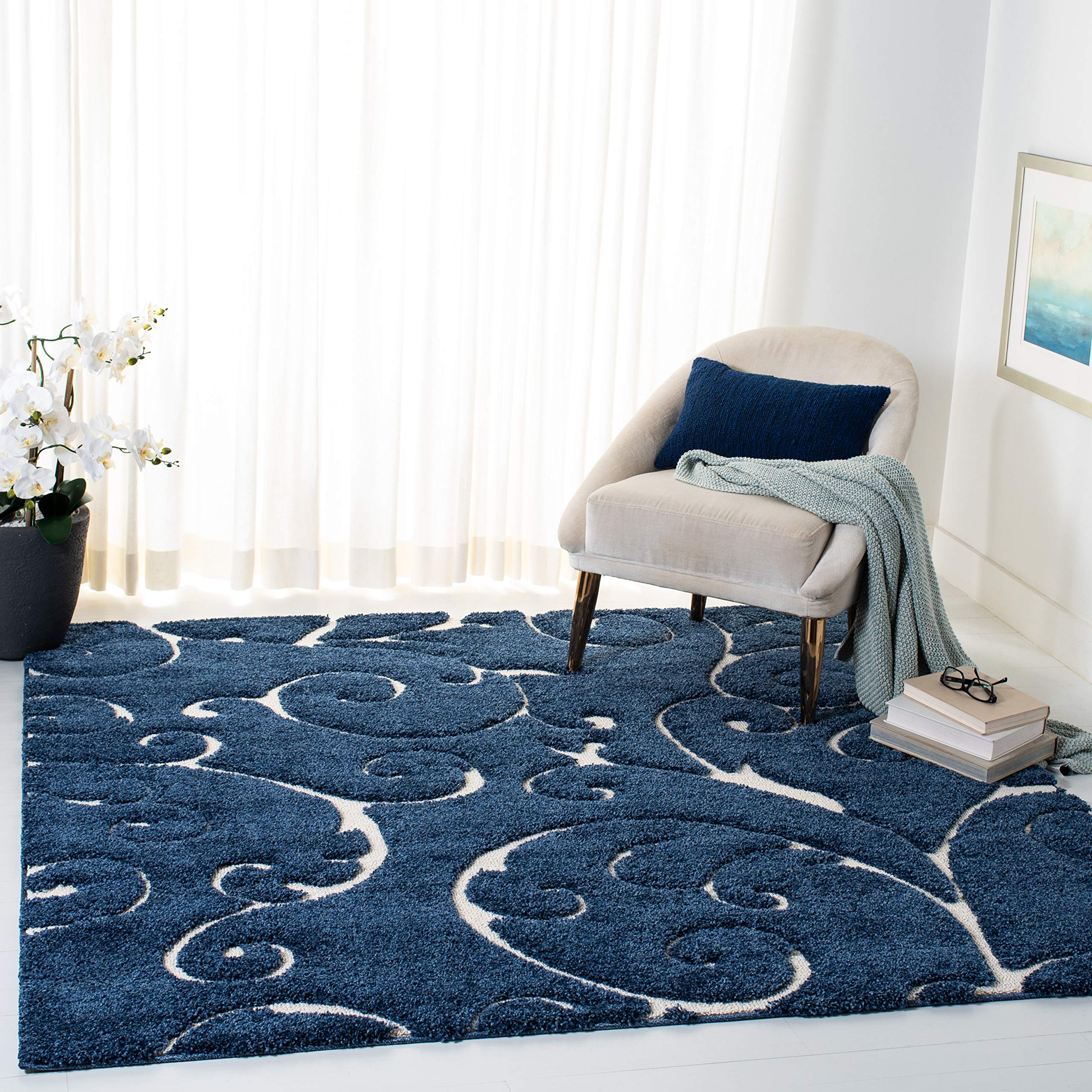 SAFAVIEH Florida Shag Collection Area Rug - 5' Square, Dark Blue & Cream, Scroll Design, Non-Shedding & Easy to Clean, High-Low Plush Pile, Ideal for