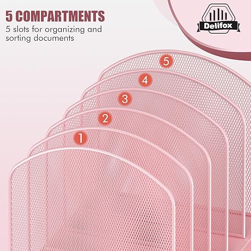 Vista 76 de Organizador de archivos de escritorio inclinado, soporte vertical de 5 secciones, soporte de metal clasificador de archivos para oficina y aula