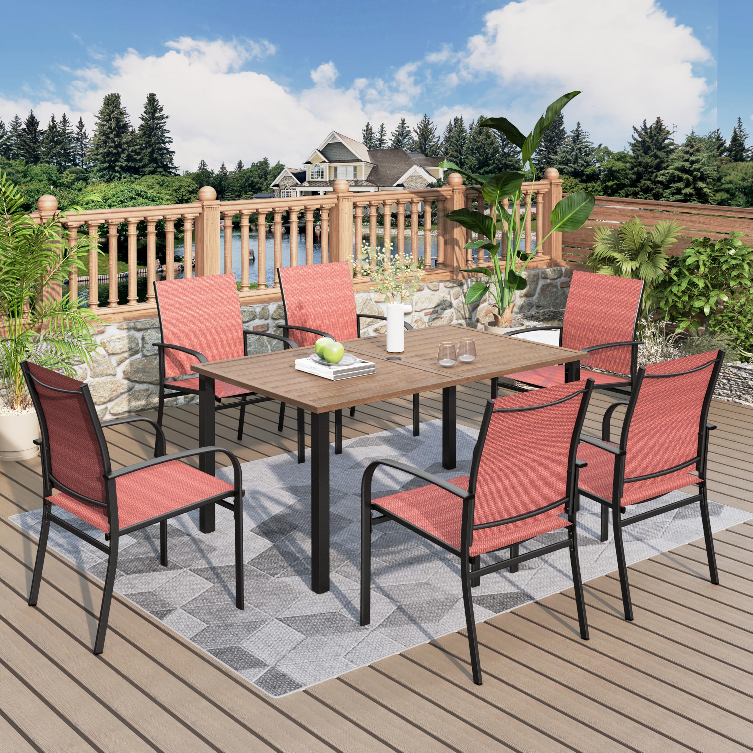 Patio Table and Chairs Set, Outdoor Dining Set for 6 with Red Chairs and Teak Color Tabletop Outdoor Dining Table, 7-Piece Patio Furniture Set for Deck Backyard Lawn