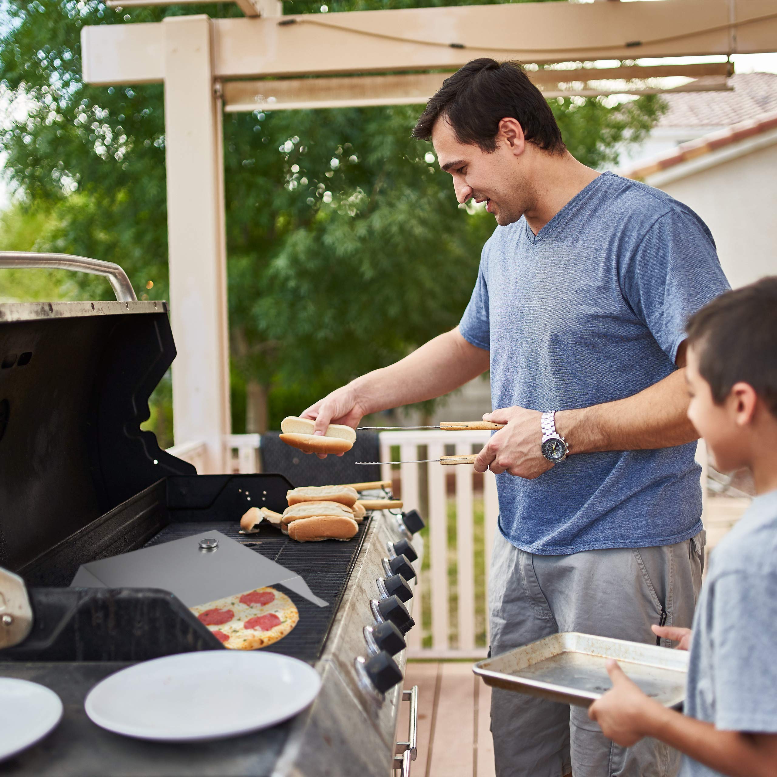 Relaxdays Inserto per Pizza BBQ, con Termometro, Box Forno, Acciaio Inox, 10x55,5x40 cm, Cover per Barbecue, Argento