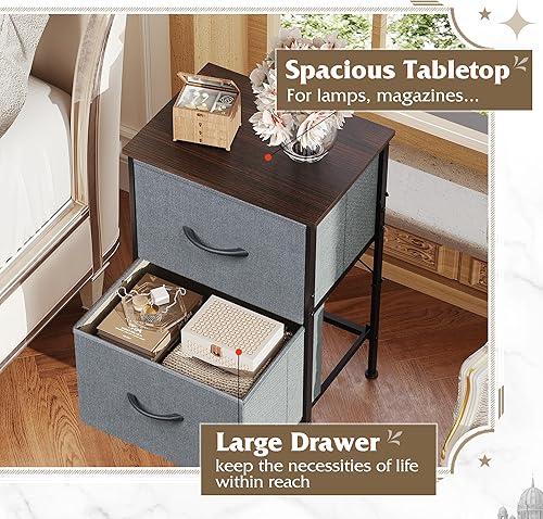 Miniatura 5 de WLIVE - Mesita de noche con 2 cajones, pequeña, mesa auxiliar para habitación, dormitorio universitario, color gris oscuro, tamaño L Gris oscuro