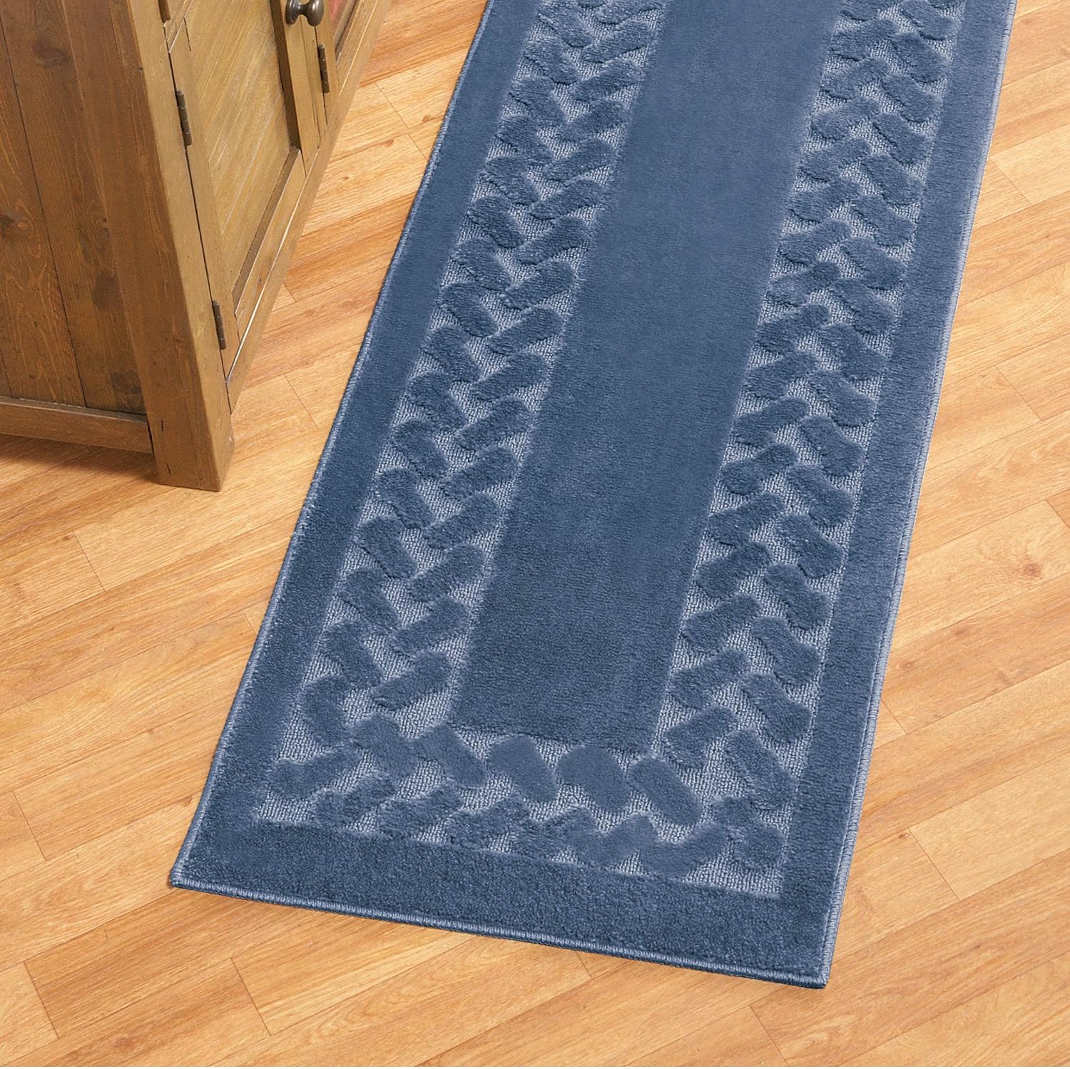 Collections Etc Herringbone Carpeted Runner Rug, Solid-Colored with Plush Decorative Trim Accents and Skid-Resistant Backing for Long Hallway, Blue, 22" X 90"
