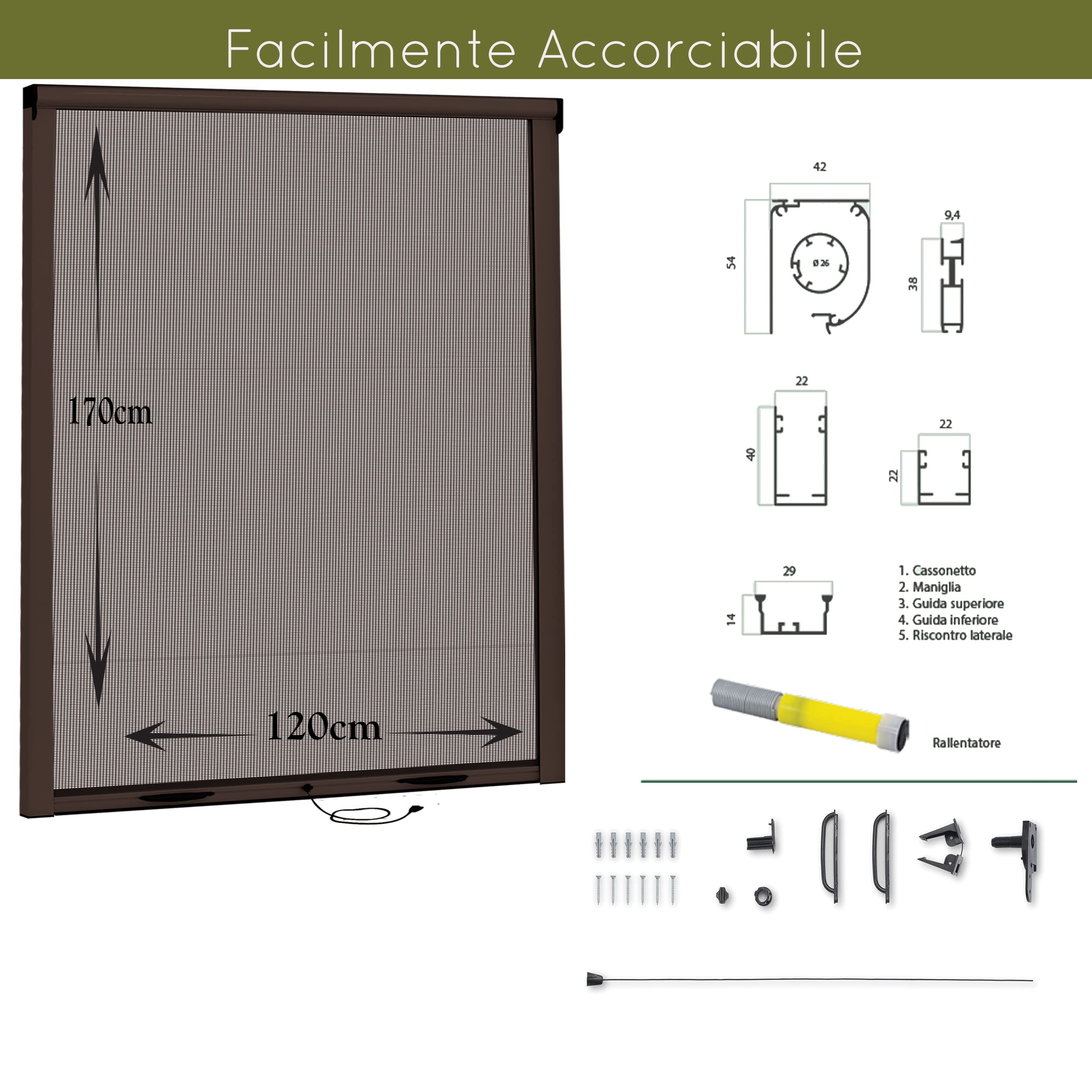 Zanzariera Finestra A Rullo Scorrevole e Riducibile In Alluminio Verniciato - Istruzioni e Accessori Inclusi (120x170 con frizione, Marrone)