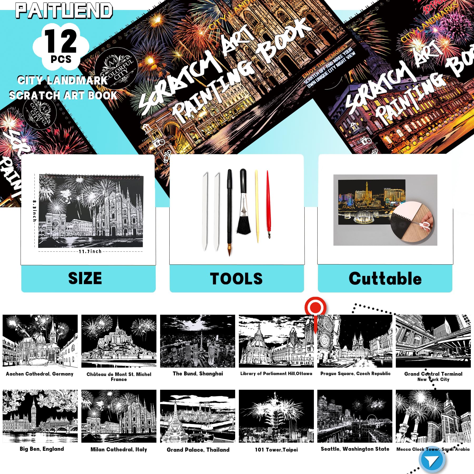 SiYear Scratch Art Painting Paper Set for Adults,Landmark Building City Series Night Scene,Scratchboard Creative Gift DIY Foil Engraving Crafts with 4 Tools (A4-12Pack) - Image 3