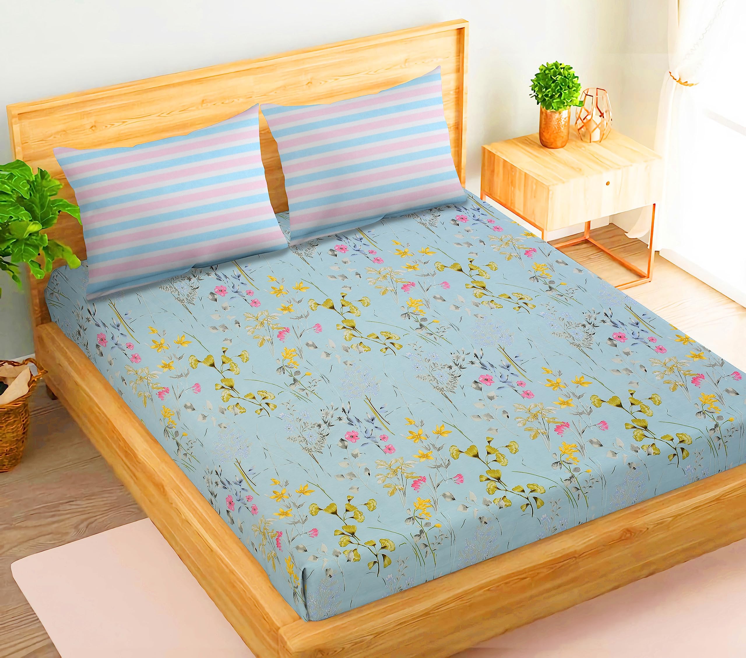 BSB HOME Kingston Collection Ultra King Size Bedsheets with 2 King Size Pillow Covers| Luxury Soft Sheets, Breathable, Shrinkage (3 Piece Set, 108X108 Inches, Sky Blue & Pink, Cotton)