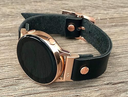 Miniatura 2 de Black Leather Rose Gold Metal Jewelry Band For Samsung Galaxy Watch Active 40mm Adjustable Size Wide Strap Bracelet Fashion Cuff Design Wristband
