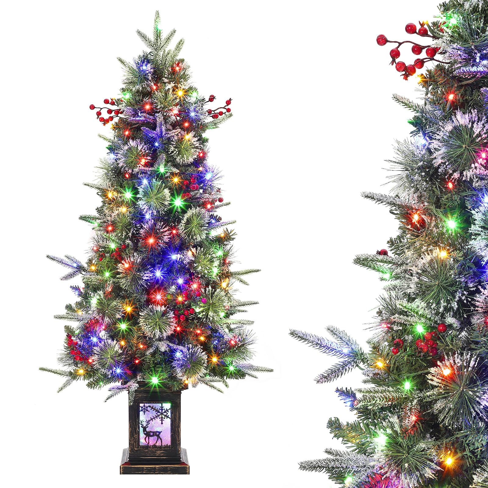Künstlicher Weihnachtsbaum 125cm – 150 warmweiße & Bunte LEDs, 9 Modi, dichte PVC Zweige, Vintage-Elch-Basis – Weihnachtsdeko für Haus & Büro, inkl. Faseroptik – 4ftH Fiber-Optic Tree-Like Light Box