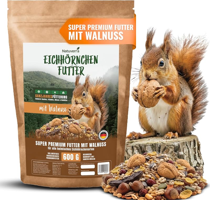 Natuverra Eichhörnchenfutter 600 g für Eichhörnchen & Streifenhörnchen I Ganzjahres-Futter Eichhörnchen, Streifenhörnchen Futter mit Walnüssen in Schale