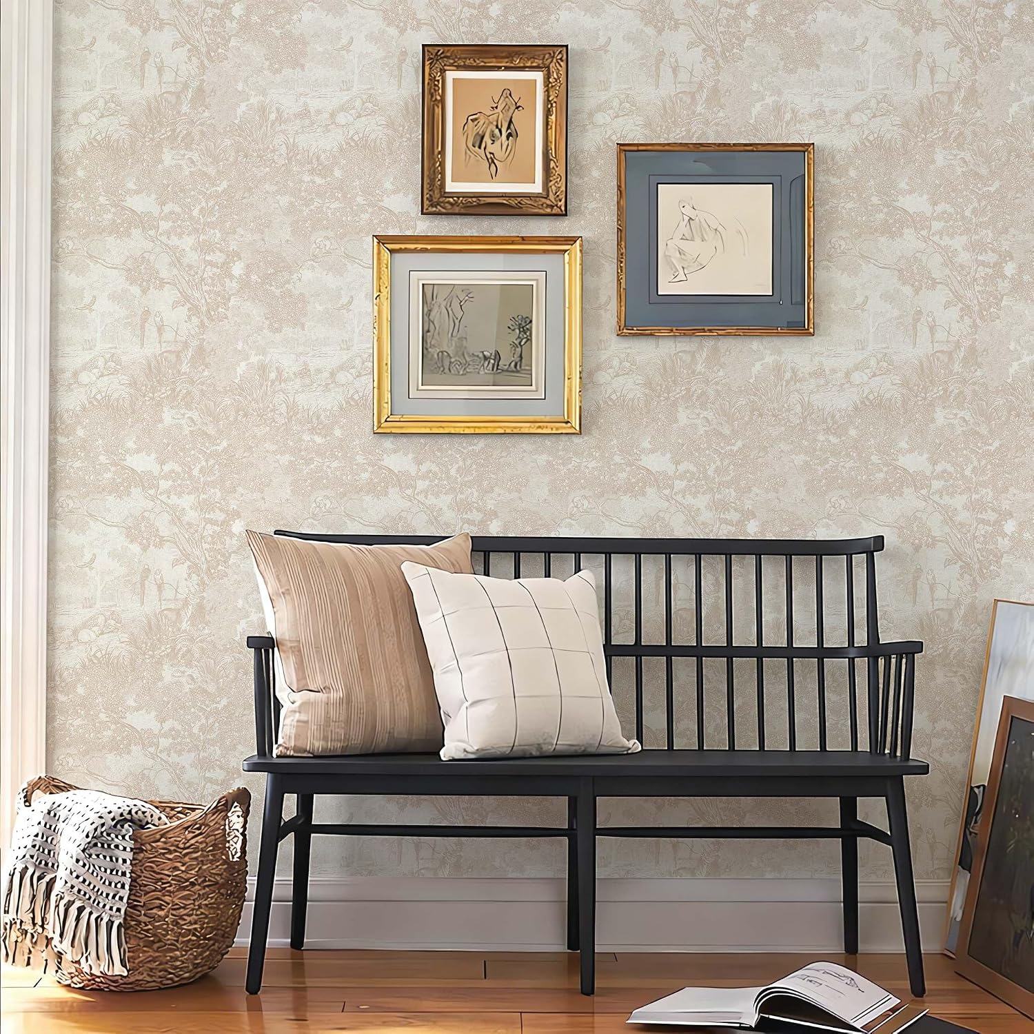 Ismoon Vintage Wallpaper Peel and Stick Beige Neutral Wallpaper 17.3in x32.8ft Forest Animals Contact Paper for Bedroom Thicken Waterproof Self-Adhesive Wall Paper Removable Renter Friendly Vinyl