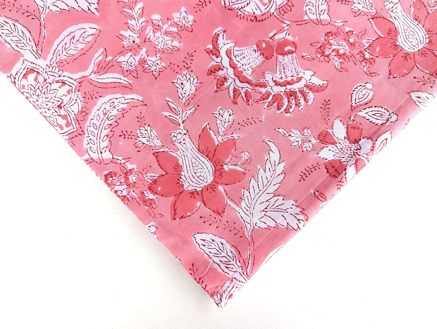 AVKA Studio Hand Block Print Fabric by The Yard - PRECUT 5 Yards 42 Inch Width - 100% Cotton Material - Pink Floral Pattern - Light Weight Indian Cloth for Making Summer Dress Tops Indian Fabric etc
