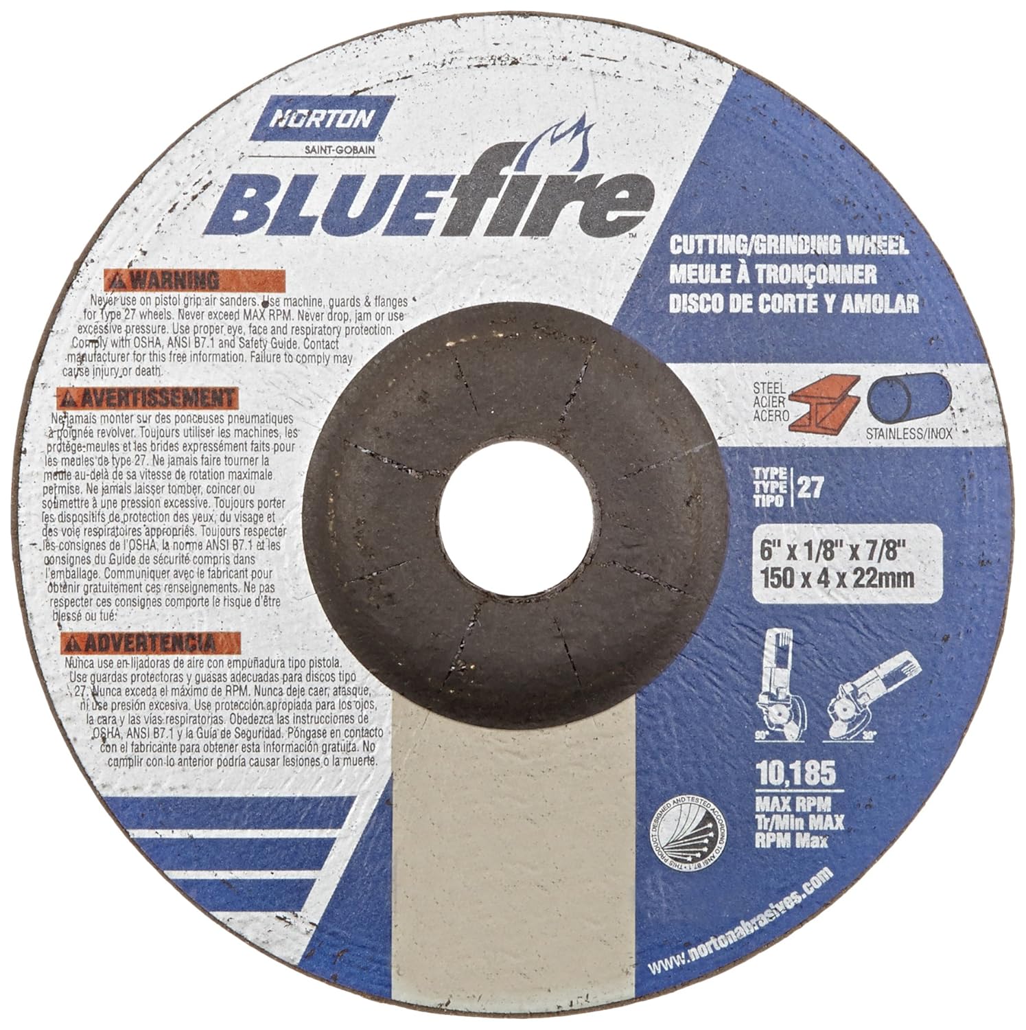 Norton Blue Fire Plus Depressed Center Abrasive Wheel, Type 27, Zirconia Alumina and Aluminum Oxide, 7/8" Arbor, 6" Diameter x 1/8" Thickness (Pack of 20)