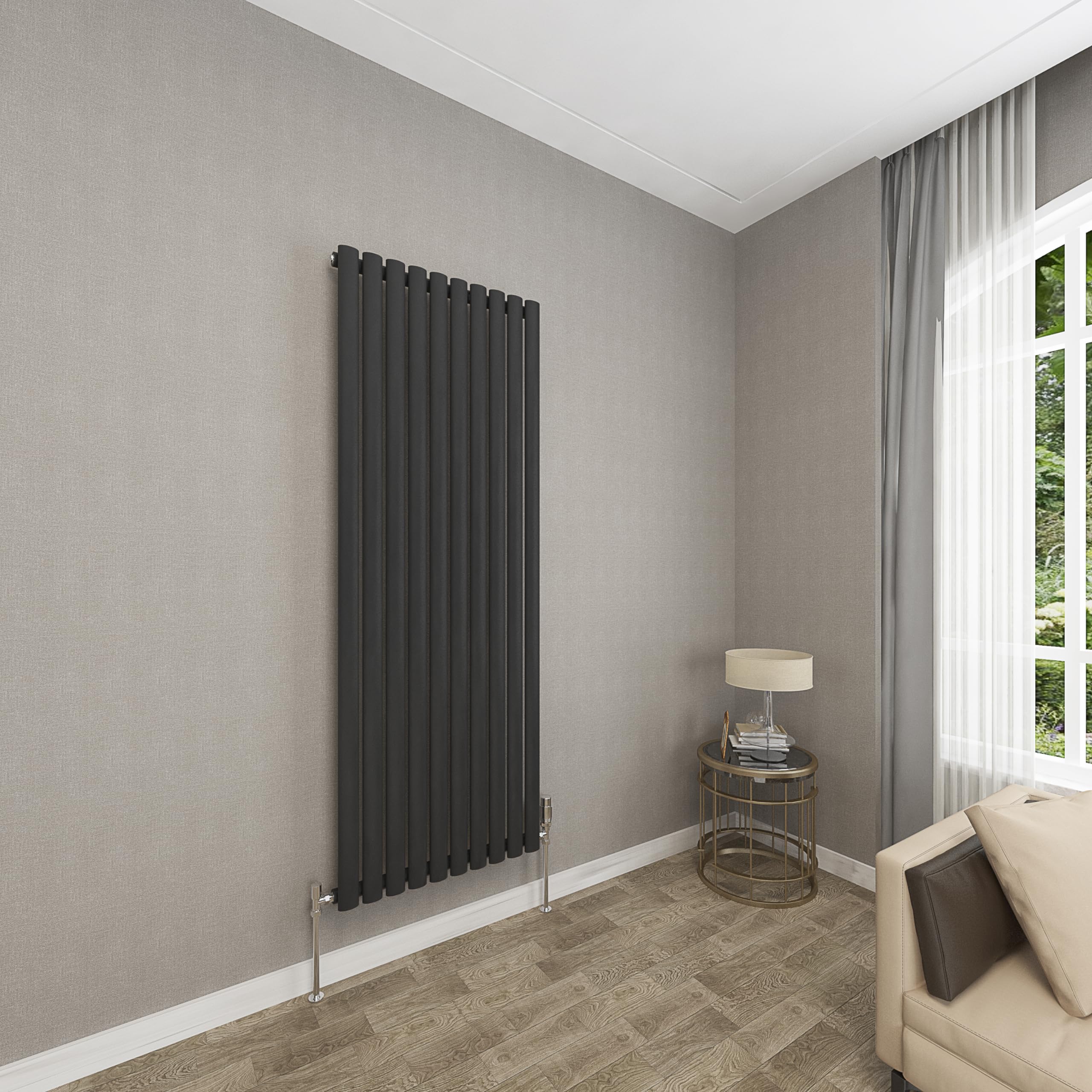 Sky bathroom | 1600x590mm - Modern Black Vertical Single Panel Oval Column Radiator Central Heating Designer Radiator