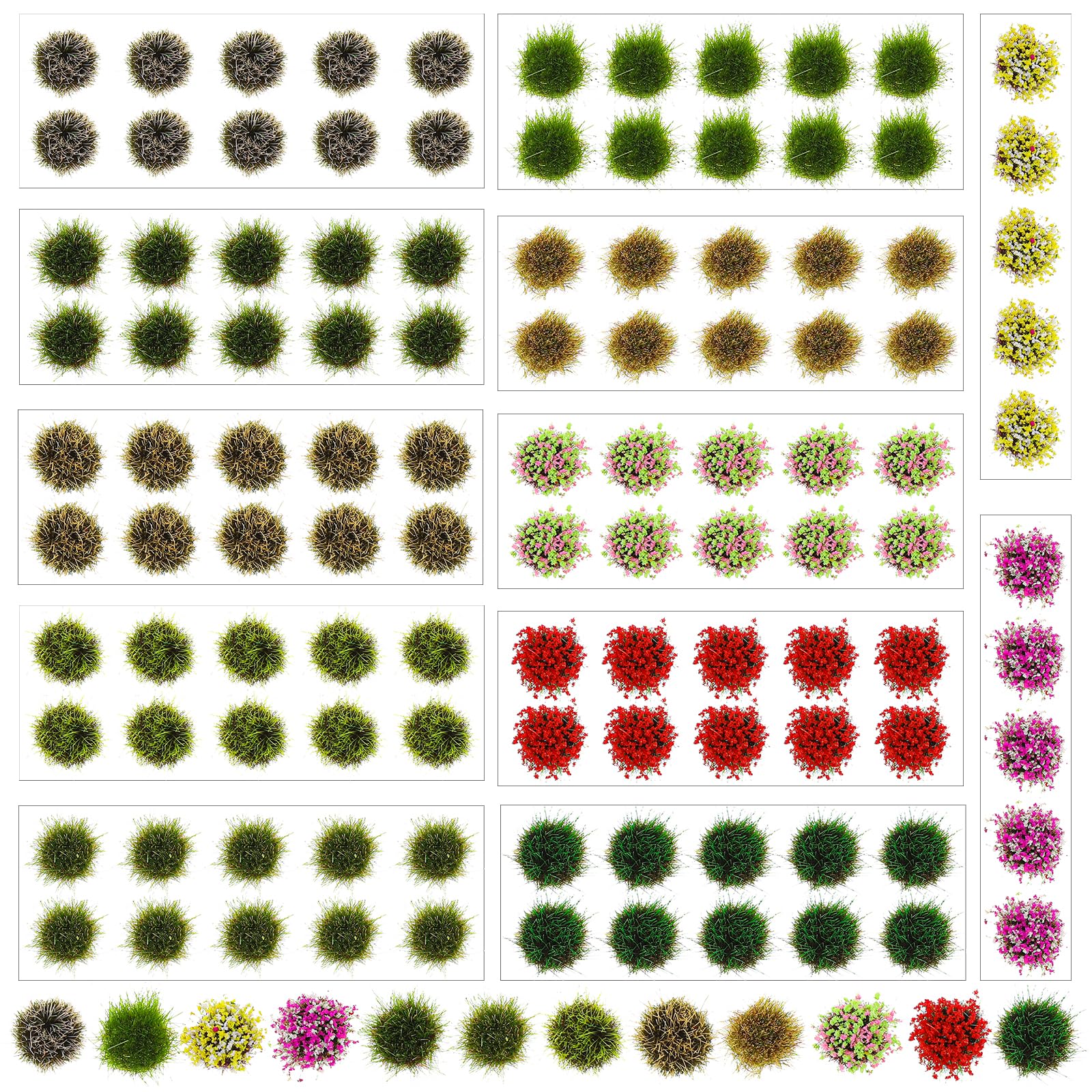 Quilax 110Pcs Static Grass Tufts, DIY Miniature Flower Cluster, Fairy Garden Accessories, Vegetation for Woodland Scenics, Model Train Railway Scenery Sand Table Diorama Bases