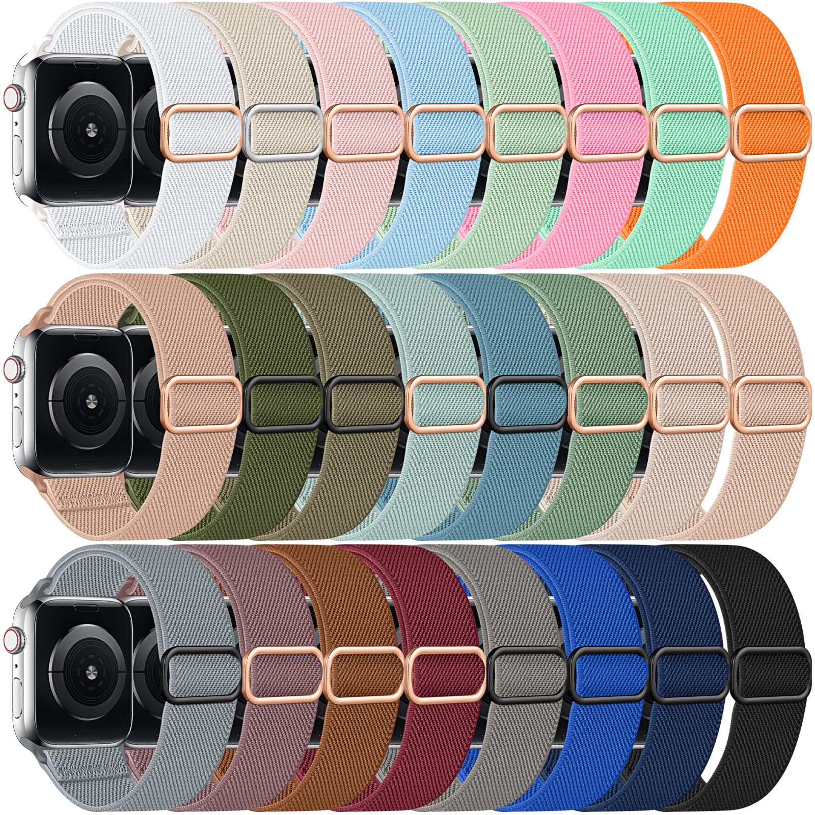 DMIGADIGLO 24 Pack Stretchy Nylon Band Compatible with Apple Watch Band 38mm 40mm 41mm 42mm 44mm 45mm 46mm 49mm Women Men, Adjustable Sport Elastic