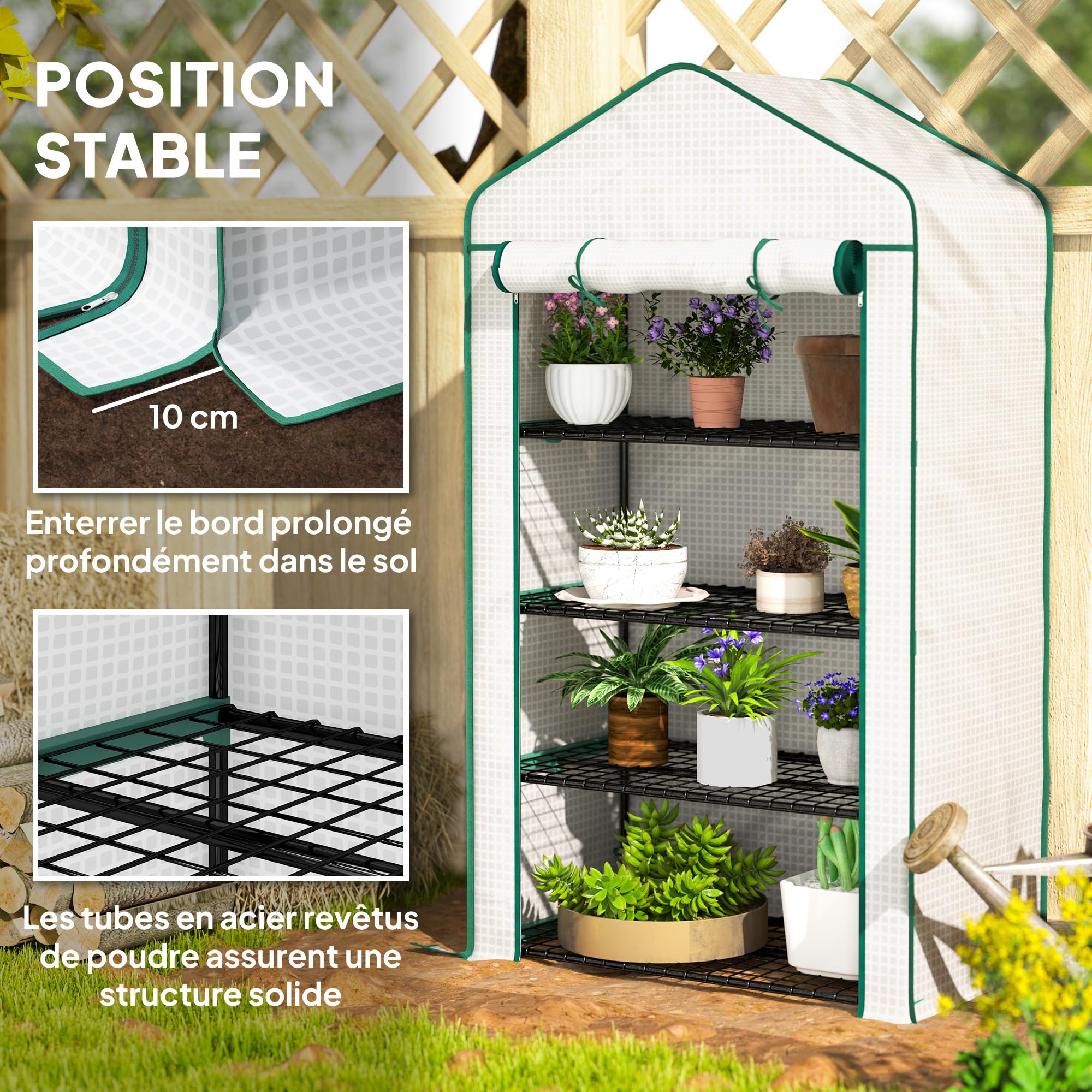 Outsunny Szklarnia ogrodowa Balkon Półka Szklarnia 4 poziomy 90 x 49 x 160 cm Stal ocynkowana Zdejmowana plandeka PE o wysokiej gęstości biały
