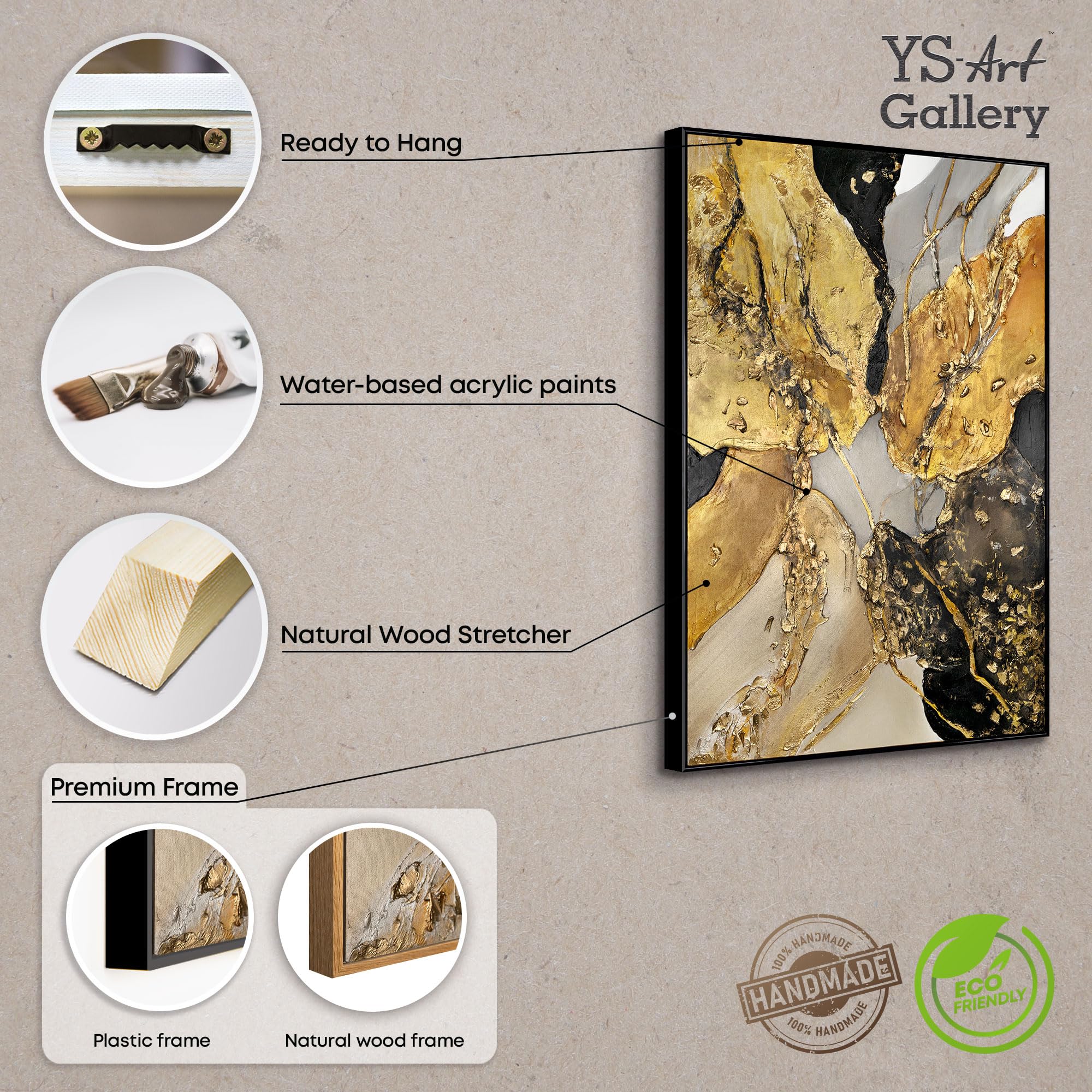 YS-Art Quadro Astratto Oro Nero Dipinto a Mano in Acrilico, Arte Moderna Materica 140x100 cm