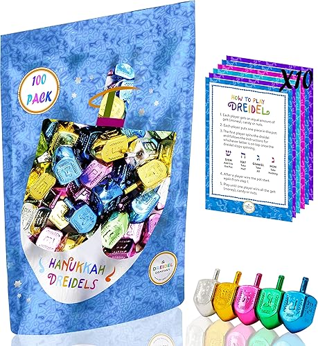 The Dreidel Company Dreidels metálicos multicolor para Hanukkah con traducción al inglés, tapas giratorias incluye tarjeta de instrucciones de juego