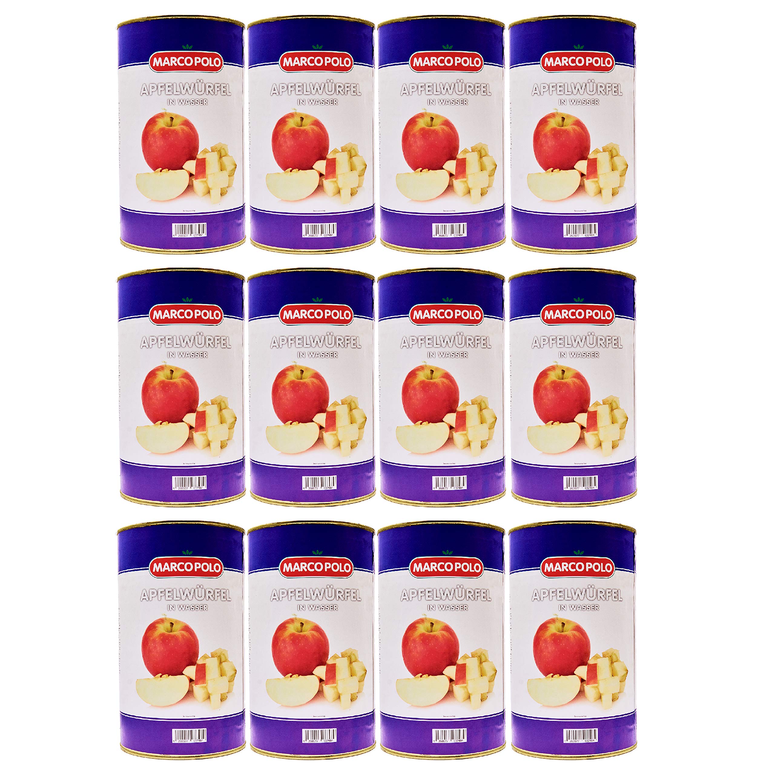 MARCO POLO Dunst-Obst APFEL-STÜCKE 12x Füllmenge 4,6KG ATG 4,05KG eingelegte Obst-Konserve für Apfel-Mus-Mark-Torten-Kuchen ohne Zuckerzusatz natürlich knackig spritzig-süß