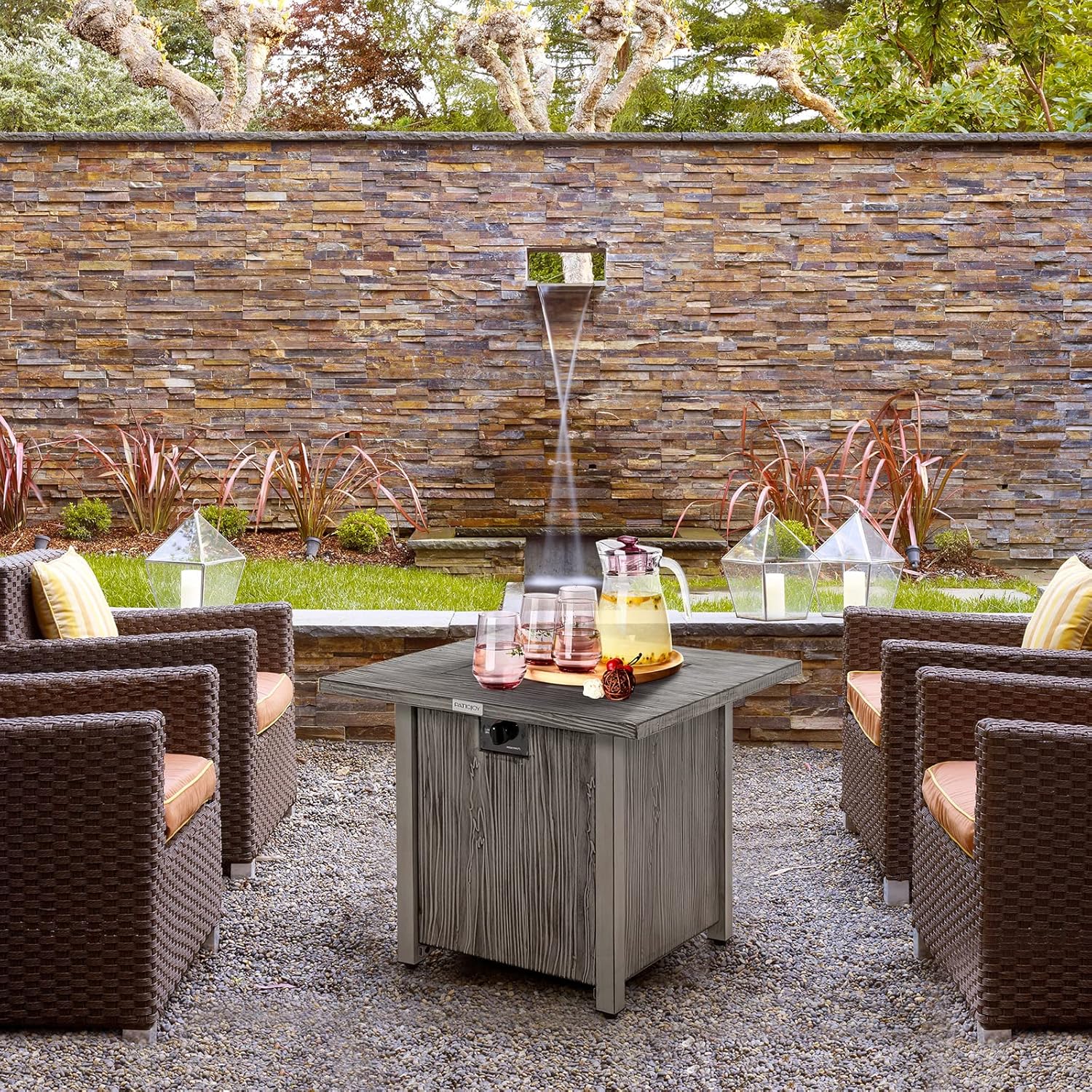 28'' Gray Wood-Look Propane Gas Fire Pit Table with Lid