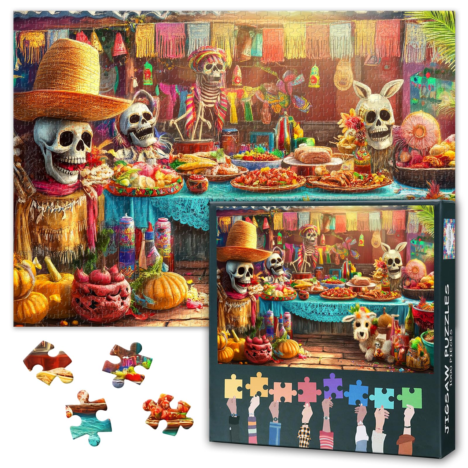 1000 Piece Jigsaw Puzzle for Adults Vibrant Mexican Fiesta Theme Colorful Skull Sombrero Pinata and Maracas Cartoon Style Festival Art 27.5x19.7 Inch โ image 1