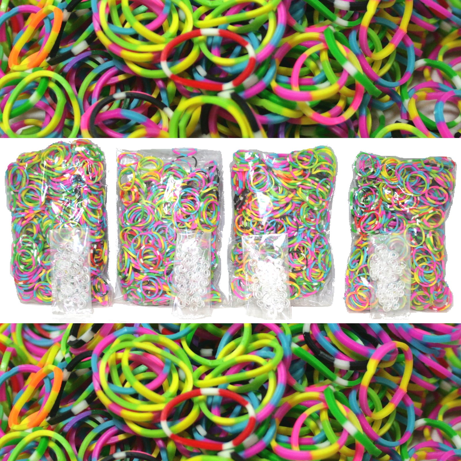 BlueDot Trading 2400 Piece Tie Dye Rubber Band Loom Band Set and 100 Clear S-Clips for Kids DIY Arts and Crafts, Rainbow Friendship Bracelet Refill Pack