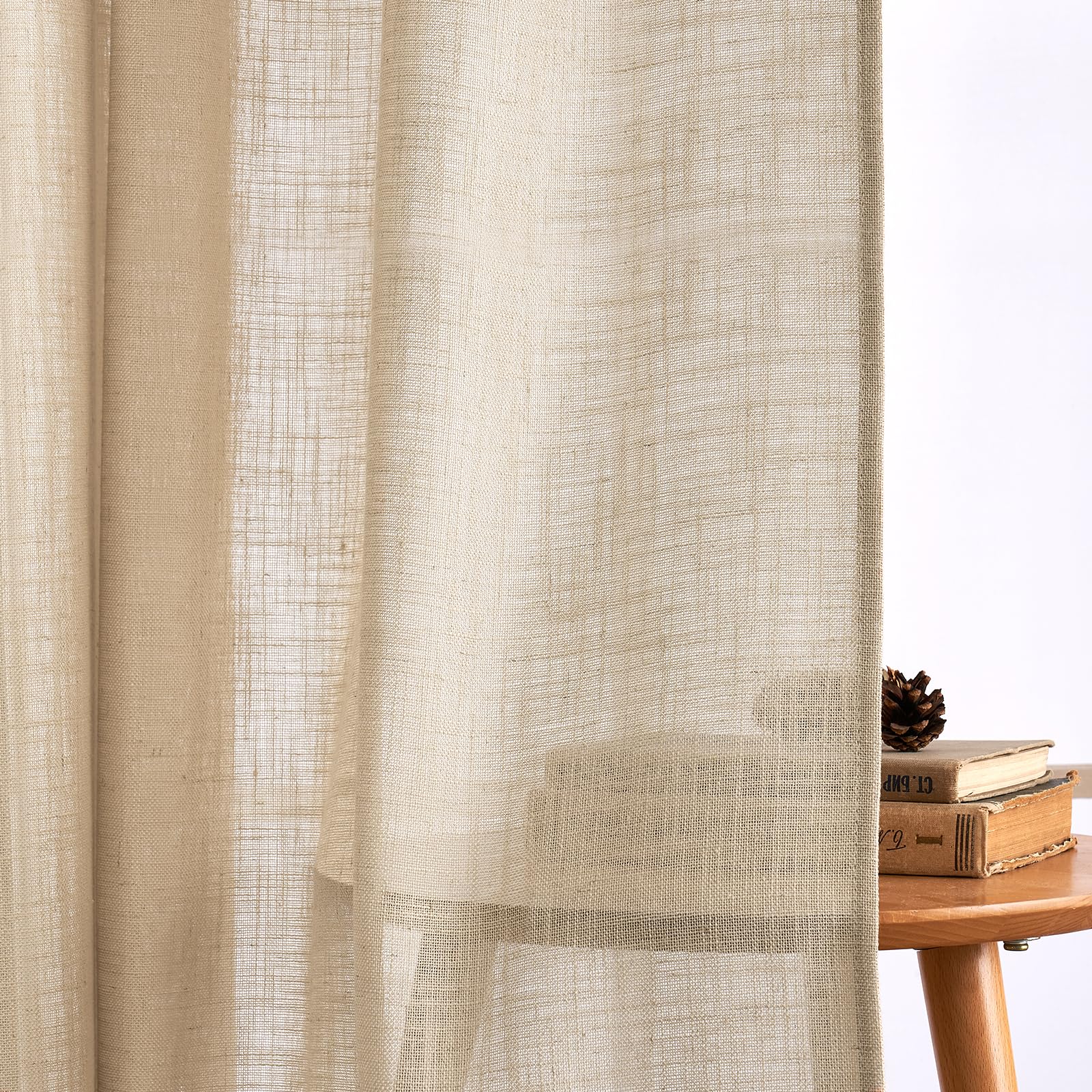 Woaboy Cortinas Lino Cortas con Cinta Fruncidora Visillos Dormitorio Ventana Translúcido Cortinas Modernas para Salón Habitación 2 Piezas 140x145cm Beige