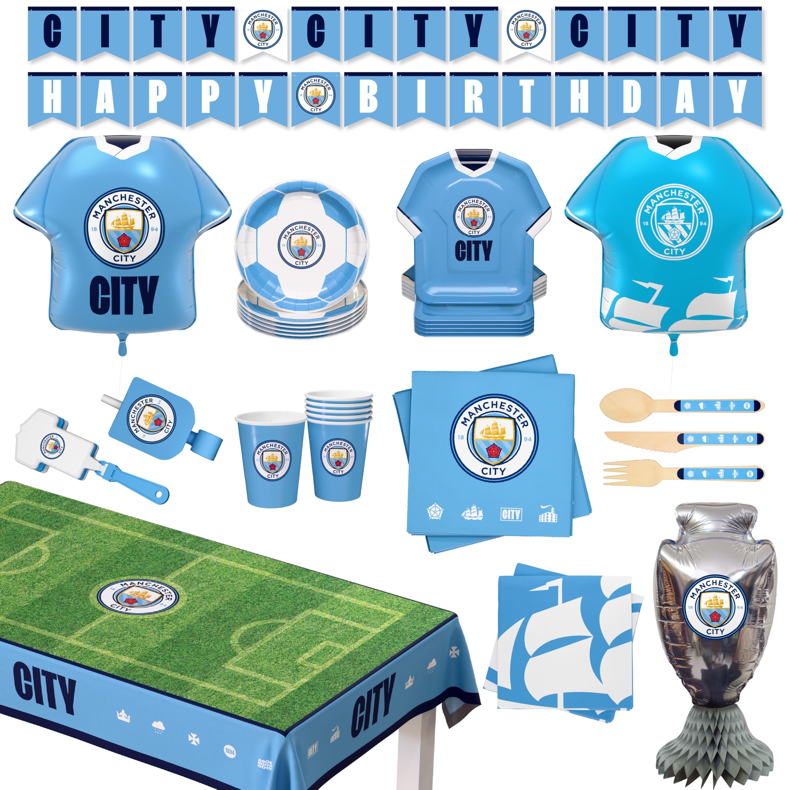 77 szt. ALL-IN-ONE ManCity FC Matchday Party Box dla 6 gości jednorazowa zastawa stołowa, z kulteriami, dekoracjami, balonami foliowymi z dżerseju, upominki na przyjęcie i bezpieczne dla żywności