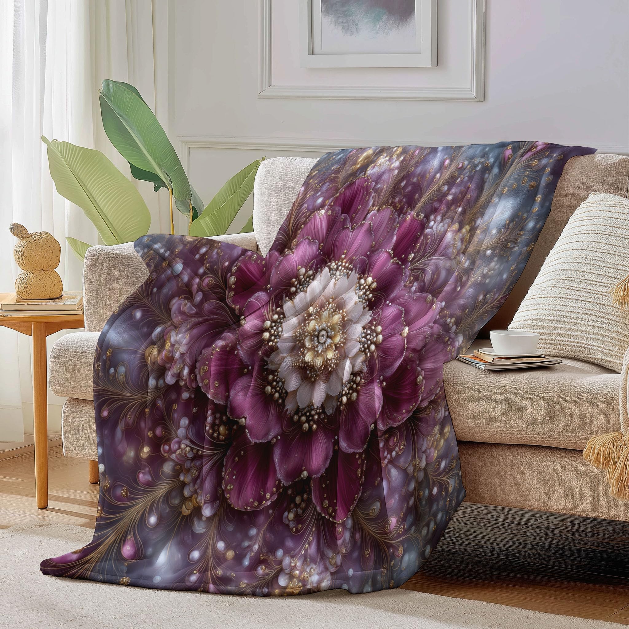 Manta De Mandala De Perla 3D, Manta Ligera De Forro Polar con Floral Lujoso para Niños Mujeres, Ciruela Mantas De Franela Suaves, Sábana Cálida Adecuada para Invierno, 220X240Cm