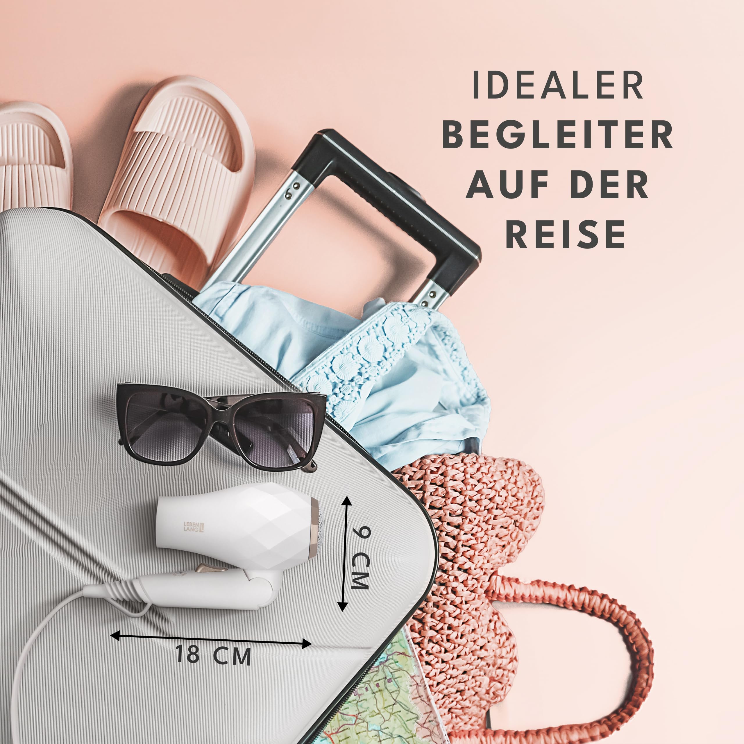 LEBENLANG Reisefön klappbar klein - Duale Spannung & Inkl. Reisetasche mit Stylingdüse I Reise Föhn stark & Föhn leise I Haartrockner klein Travel Hair Dryer Reise Fön Haarföhn Haarfön