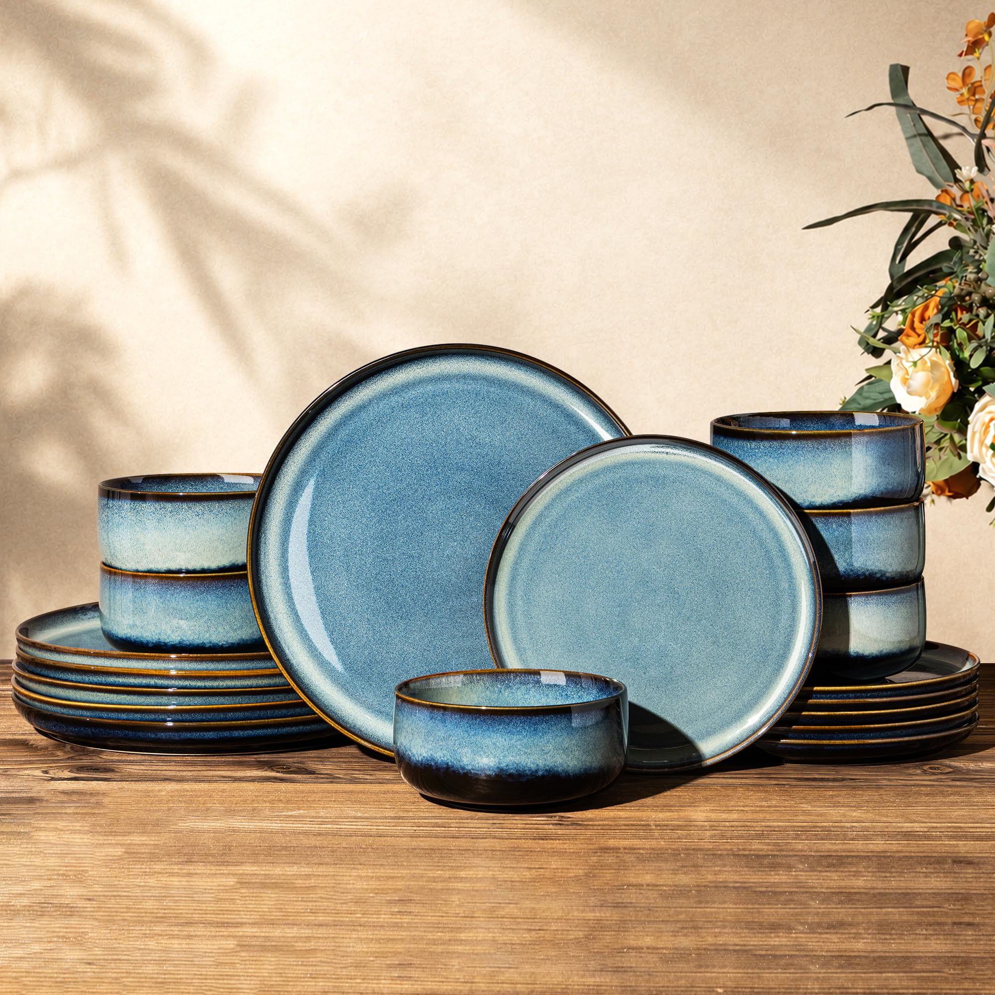 TheTerra Ceramic Dinnerware Set for 6, 18-Piece Plates and Bowls Set | Handmade Reactive Glaze Dish Set, Scratch Resistant, Oven &amp; Microwave &amp; Dishwasher Safe, Denim Blue