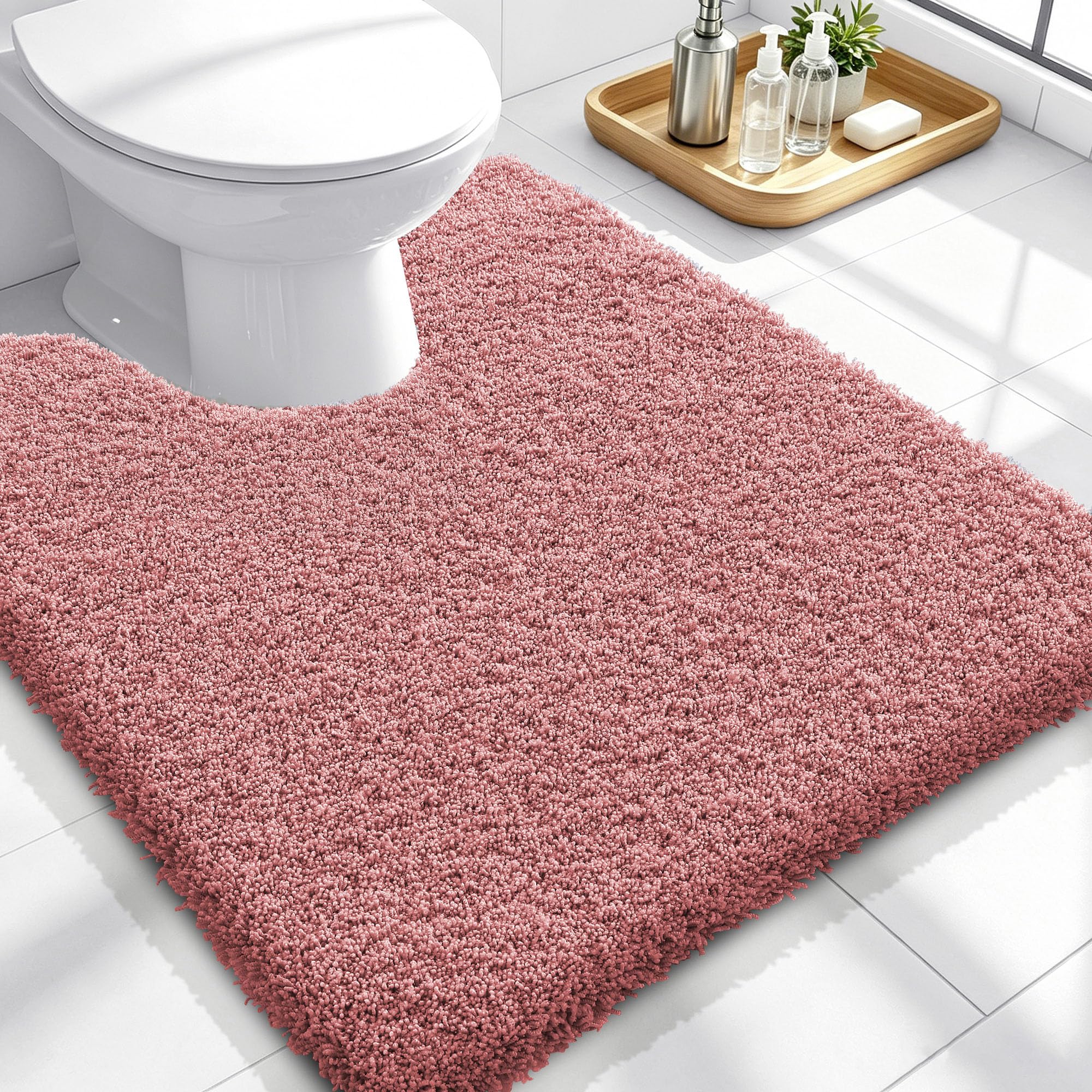OLANLY Microfiber Soft Bathroom Toilet Rugs U-Shaped, 24x20, Deep Rose