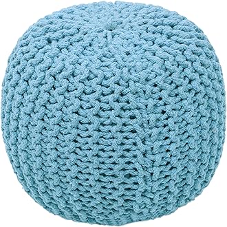 The Home Talk Ottoman Floor Poufs for Living Room Hand Knitted Foot Rest Comfortable Pouffe 100% Cotton Braid Cord Bean Bag for Armchair, Bedroom, Décor, 18"x18"x14", Turquoise
