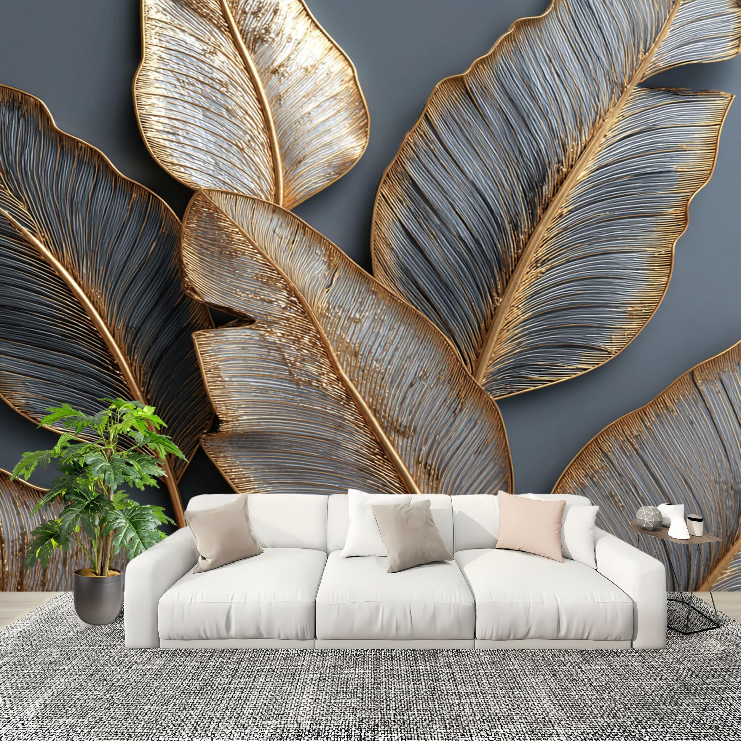 Tapeta z tłoczonymi roślinami 3D, tapeta na fizelinie, panoramiczny, dekoracja ścienna, 400 x 280 cm, złota, tapeta ścienna, pyłoszczelna i łatwa w pielęgnacji, do salonu, pokoju dziecięcego, sypialni
