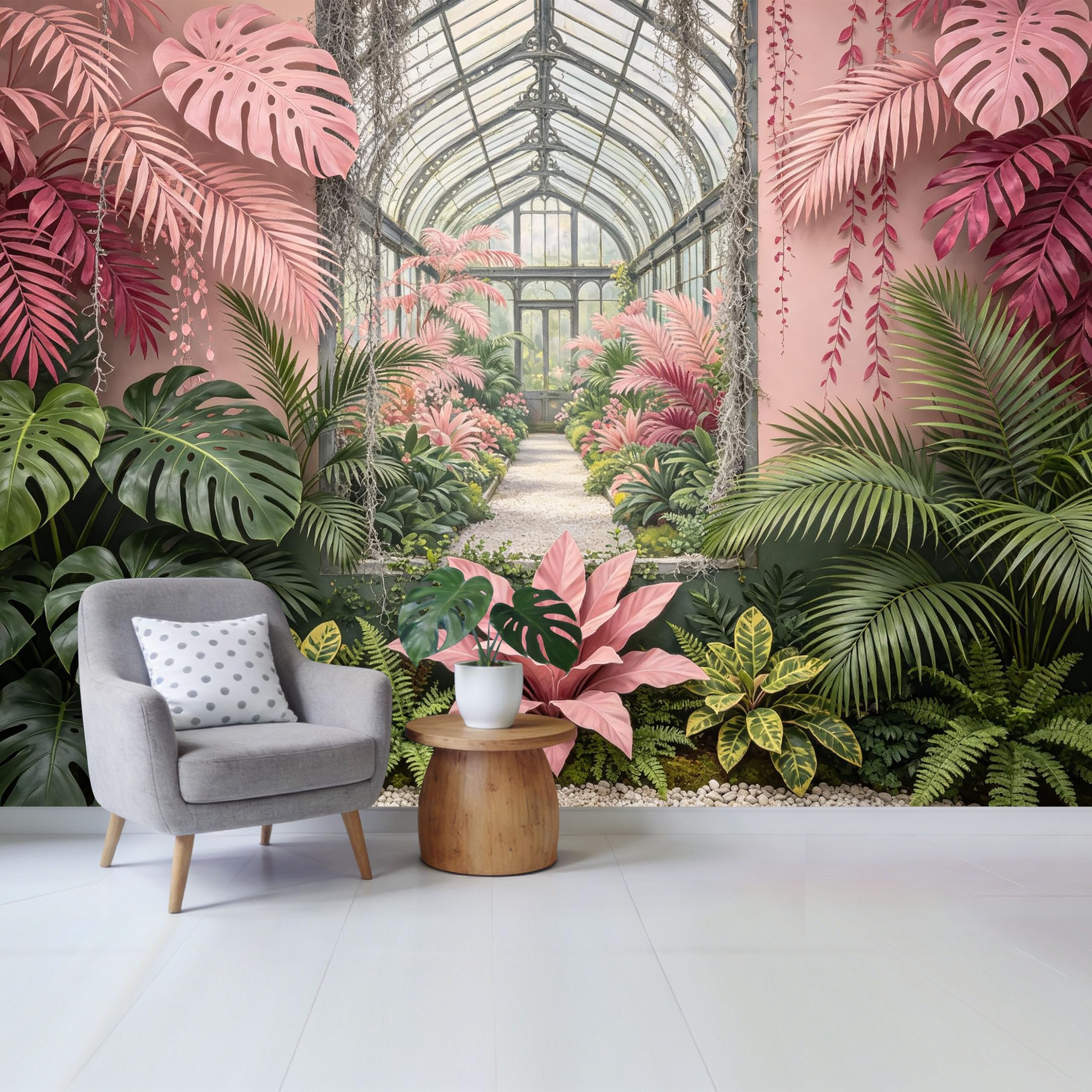 Custom Size Wall Mural Tropical Botanical Pink Greenhouse Garden View Removable Self Adhesive Fabric，Home Wall Decor for Living Room Bedroom Bathroom 3D Trompe L'Oeil