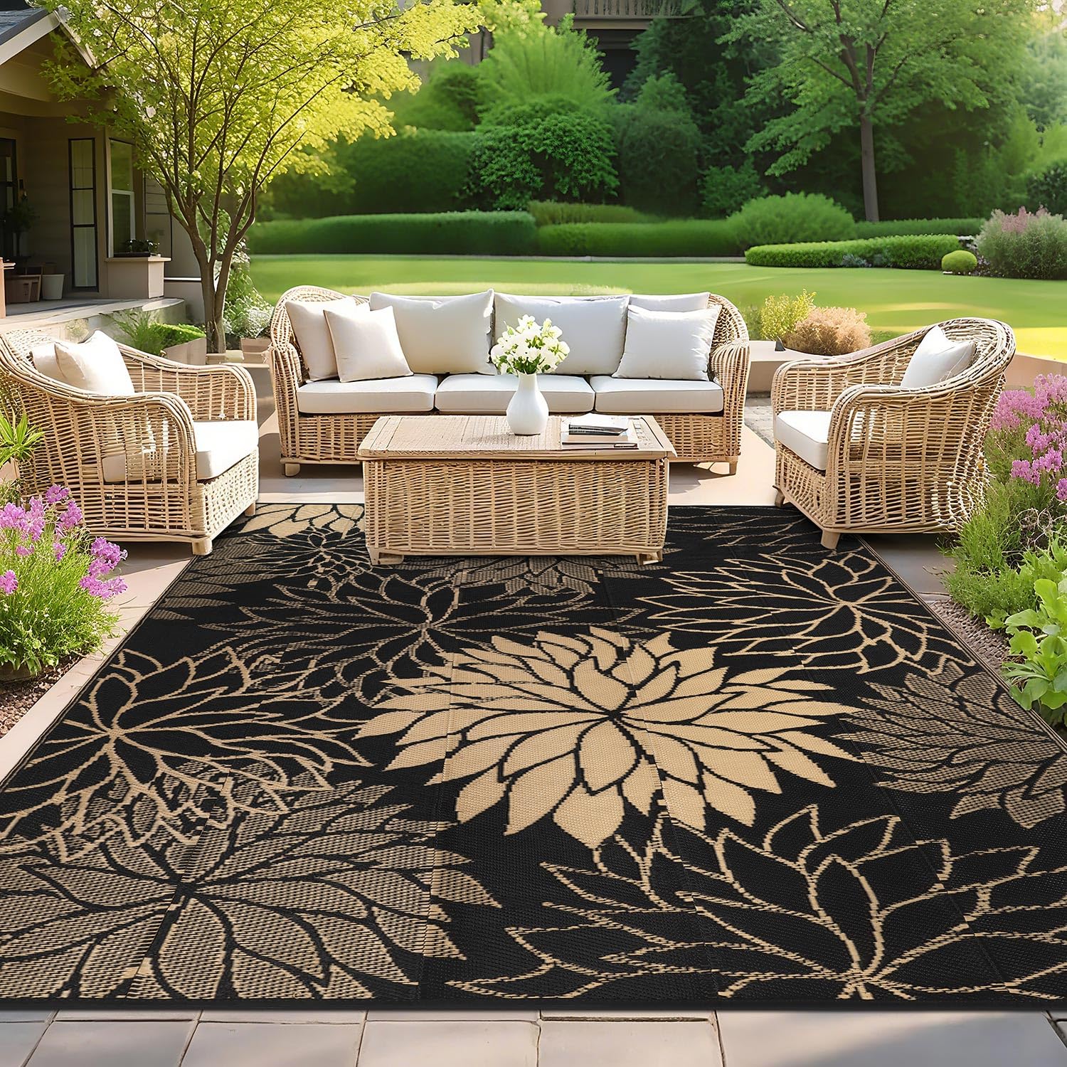 SHACOS Outdoor Rug 270 x 360 cm Large Reversible, Garden Rug Waterproof Patio UV Resistant Lightweight, Plastic Straw Mat for Patio Balcony Camping Backyard Beach, Flower, Black-Gold