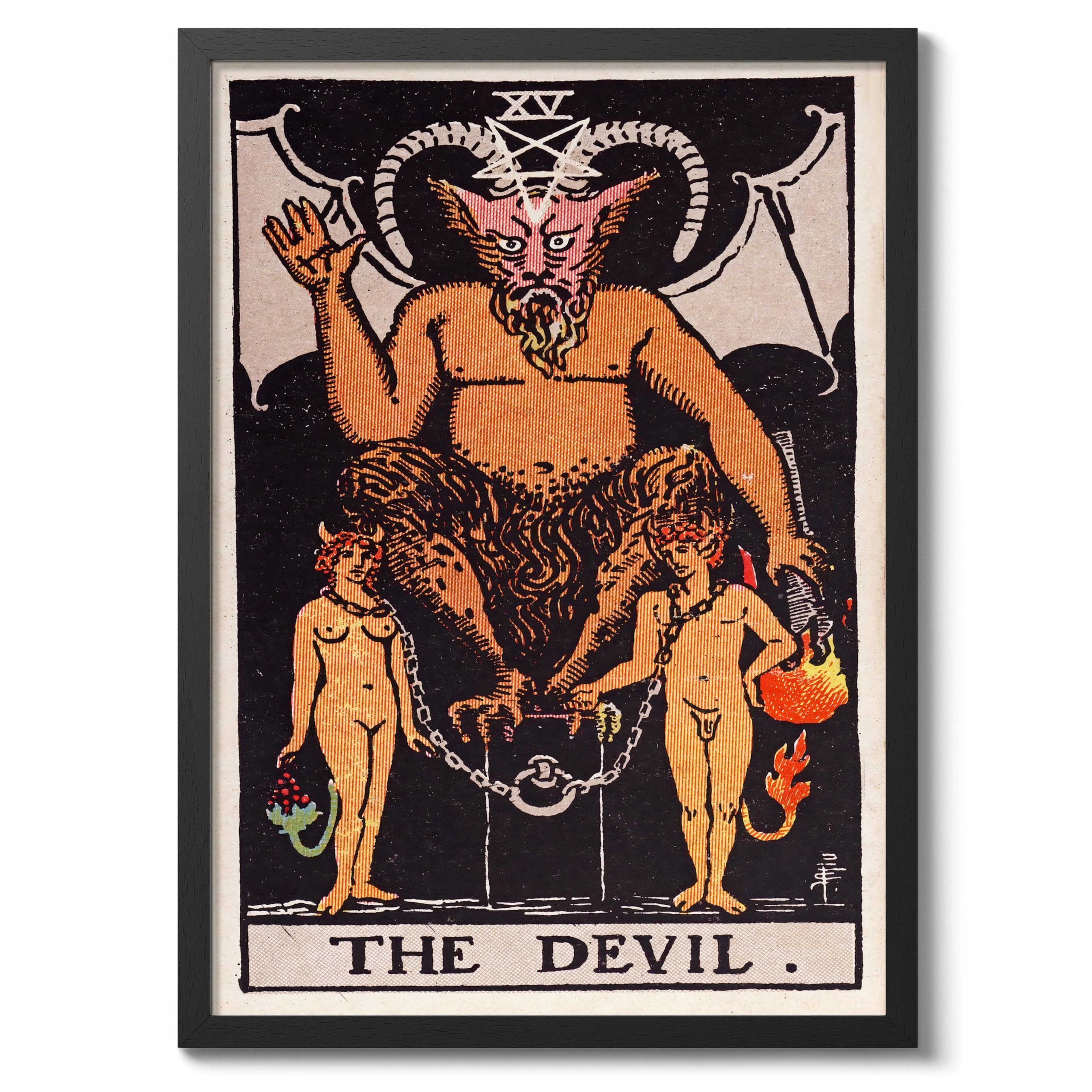 The Devil Vintage Tarot Art Print, Spiritual Wall Art Poster, Retro Mystical Bedroom Home Decor, A4 (Black Frame) - 32.7x24.1cm