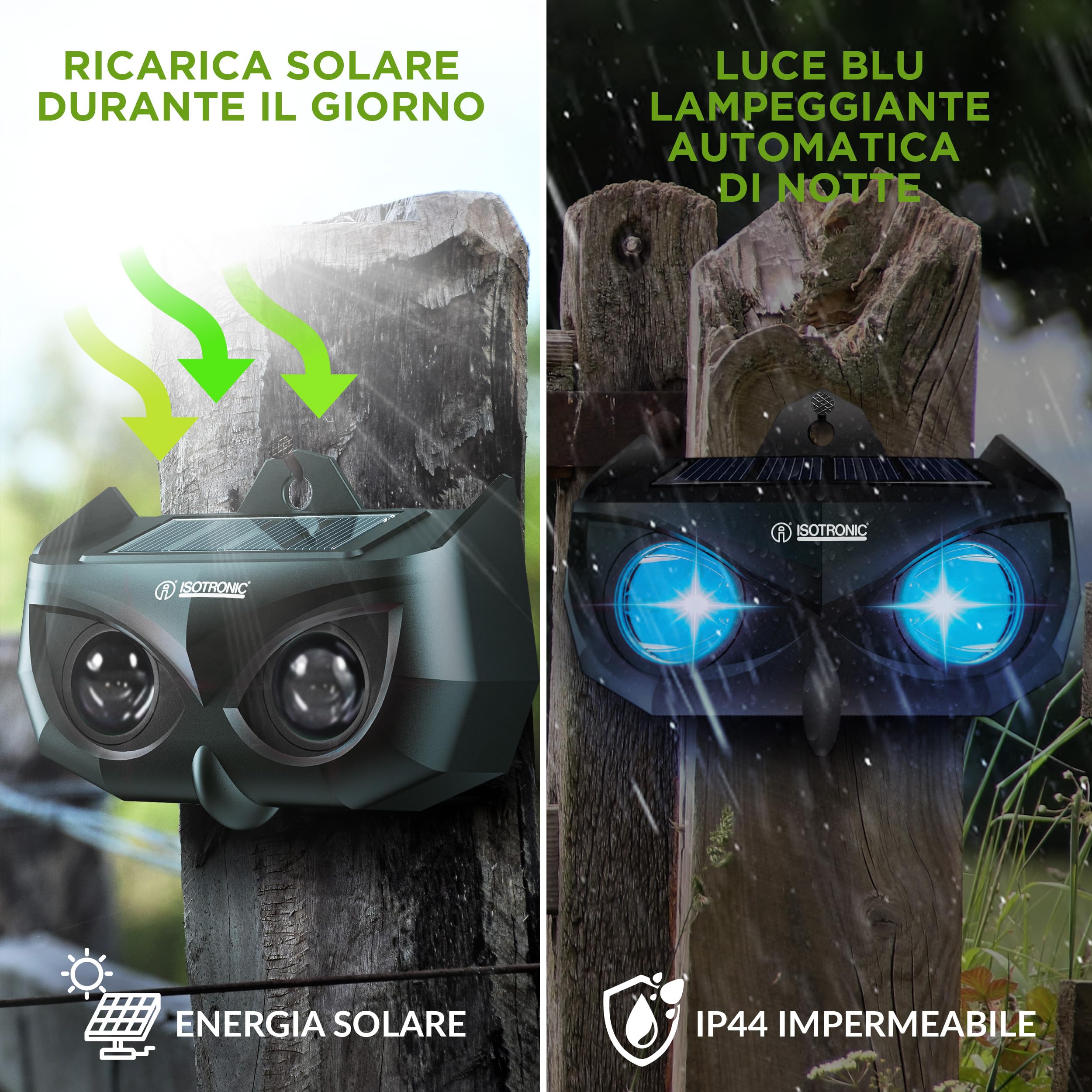 ISOTRONIC Repellente Solare Animali Selvatici LED Blu (4 Pezzi), Dissuasore per Procioni Cervi Volpi Cinghiali, Raggio d'azione 40m², Deterrente Efficace Esterno e Giardino Senza Veleni