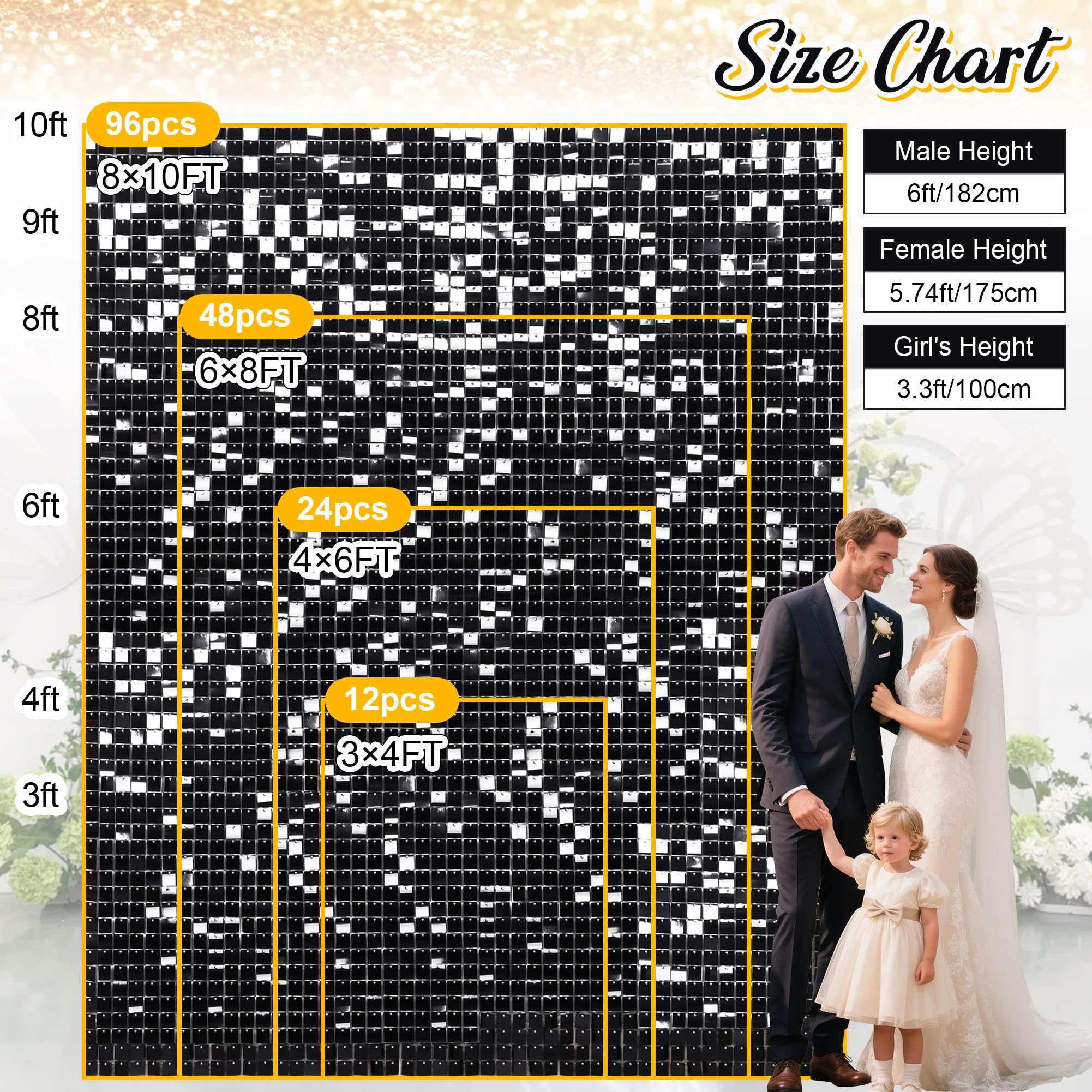 Sfondo da parete con paillettes quadrate nere, da 1,8 x 1,2 m, sfondo per foto, per compleanno, anniversario, matrimonio, fidanzamento, Halloween, sfondo decorativo