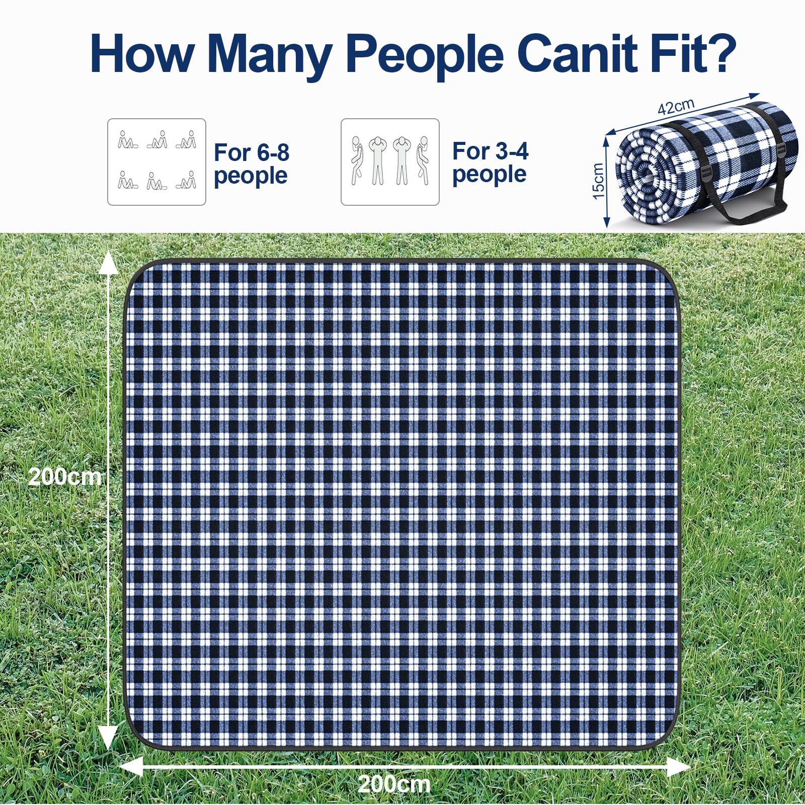 HUTHIM Coperta da Picnic, Coperta da Spiaggia 200×200cm, Portatile impermeabile antisabbia, Può Sedersi 4-6 Persone, Pieghevole Lavabile, Con e Tracolla(Piccola Griglia in Bianco e Nero)