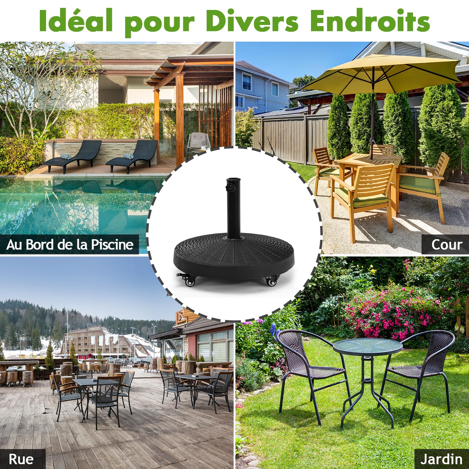 COSTWAY Pied de Parasol sur roulettes ∅52CM 23KG pour Mât ∅38/48 mm,Style 1
