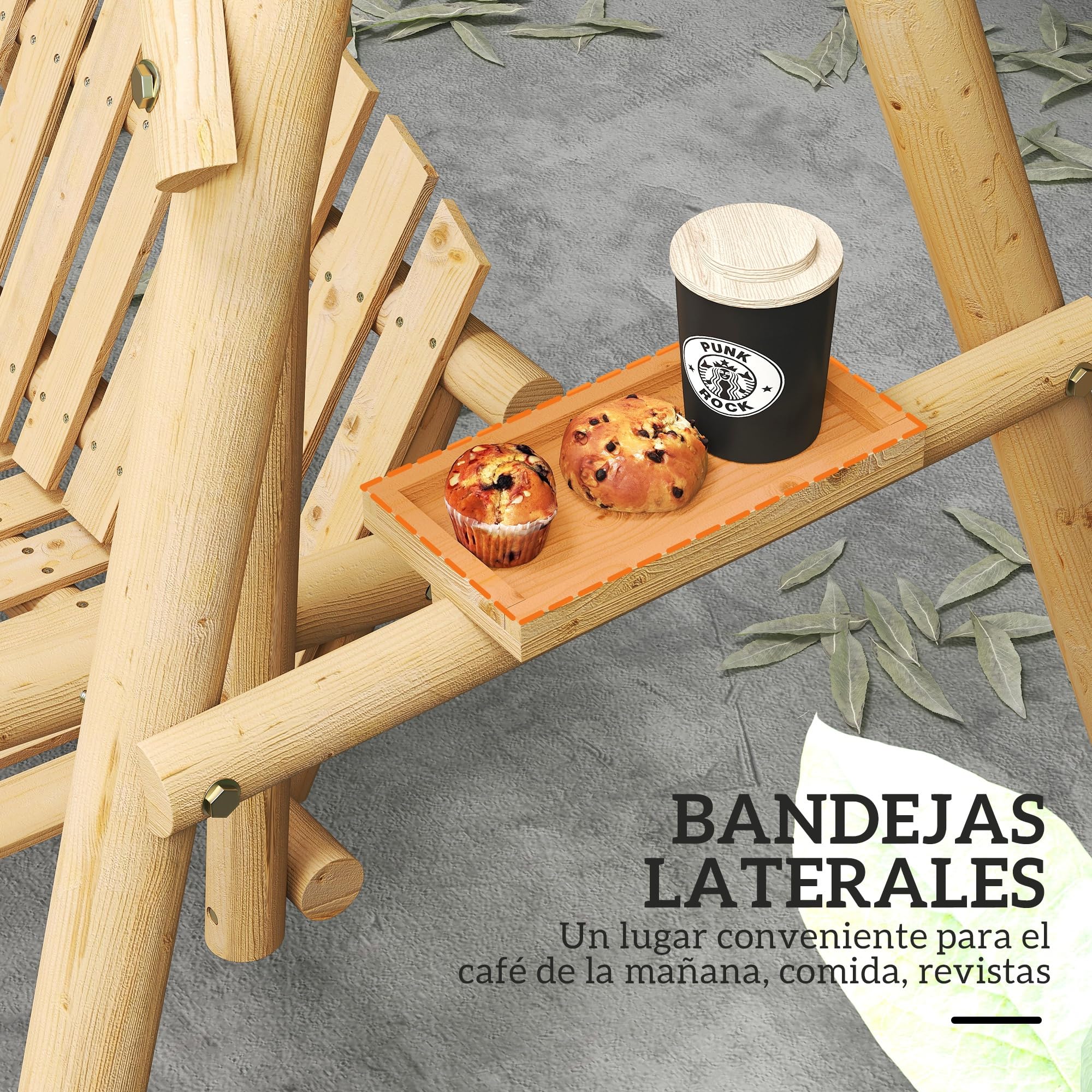 Outsunny Banco Columpio de Jardín de Madera de 2 Plazas Balancín de Jardín Exterior con Bandejas Laterales Reposabrazos y Estructura en A para Patio Porche Carga 240 kg 200x135x175 cm Natural