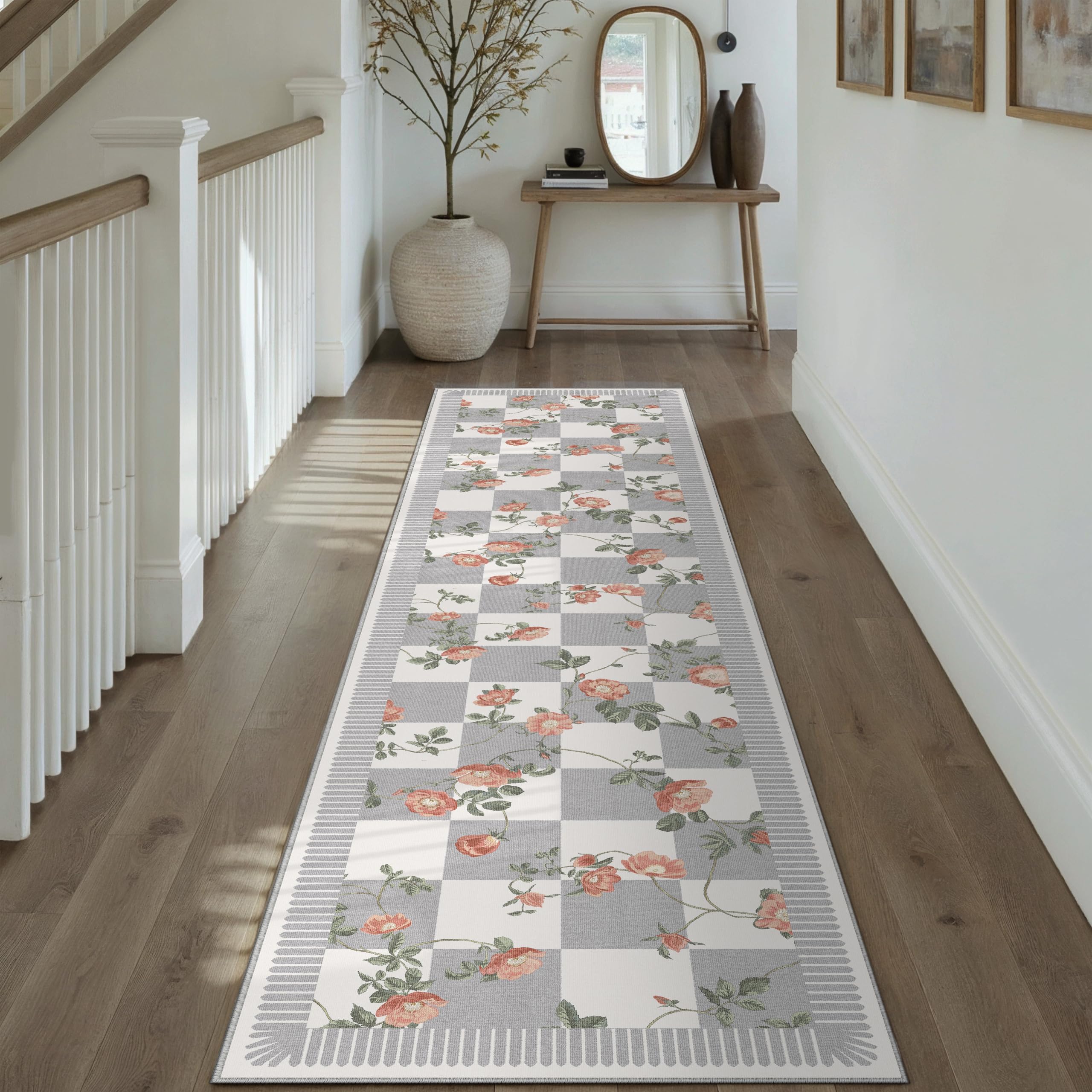 PureCozy LäUfer Flur Teppich 60x240cm Waschbar Blumenmuster Bettvorleger Blumen Kariert Modern Küchenteppich Wohnzimmer Schlafzimmer Teppiche rutschfest Kurzflor Weich Teppichläufer, Grau&Weiß