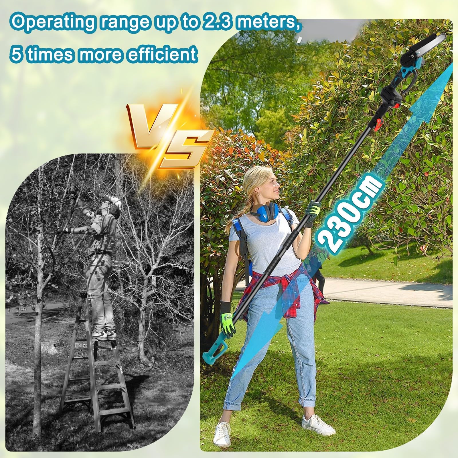 Juego de podadora eléctrica telescópica y minisierra de cadena de 6 pulgadas con batería, 2 2000 mAh, barra telescópica ajustable (1,1-1,7 m) para podar árboles, jardinería