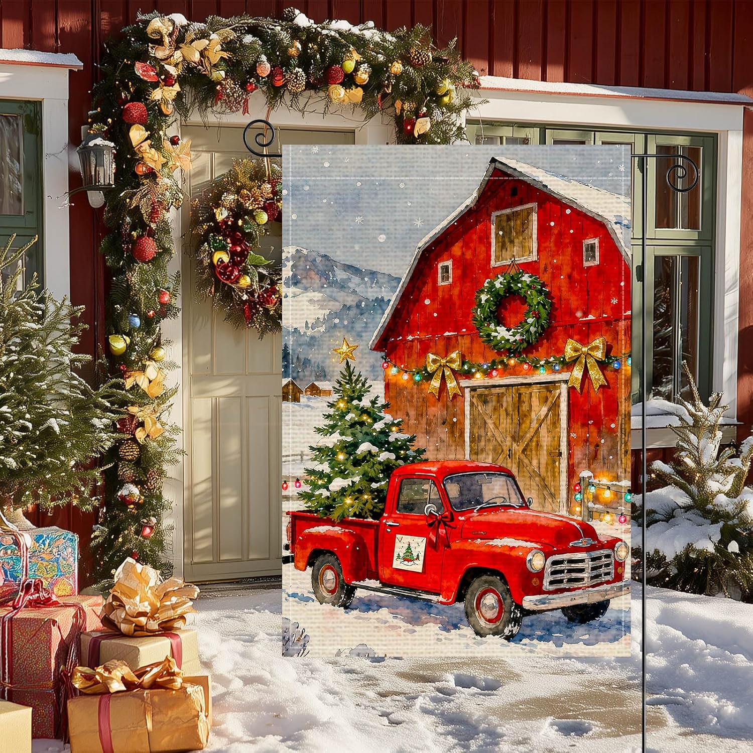 Merry Christmas Garden Flag Double Sided 12x18 Inch Burlap Winter Garden Flag Red Barn Truck With Christmas Tree Scene Seasonal Flags Xmas Holiday Flags For Lawn Decoration - Image 3