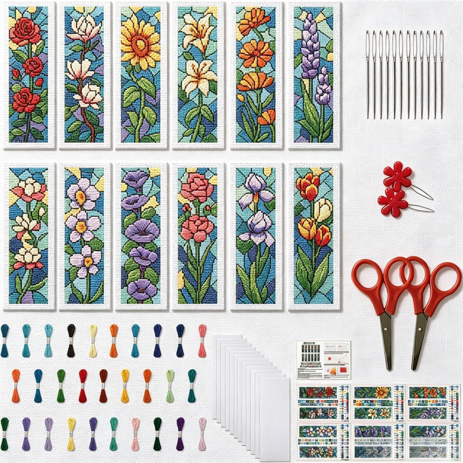 FREEBLOSS 12pcs Cross Stitch Bookmark Kit for Adult Beginners Stamped Stained Glass Flowers Cross Stitch Kits Embroidery Bookmarks Craft Kit with Instructions for Gift 11CT 8"x2.4"