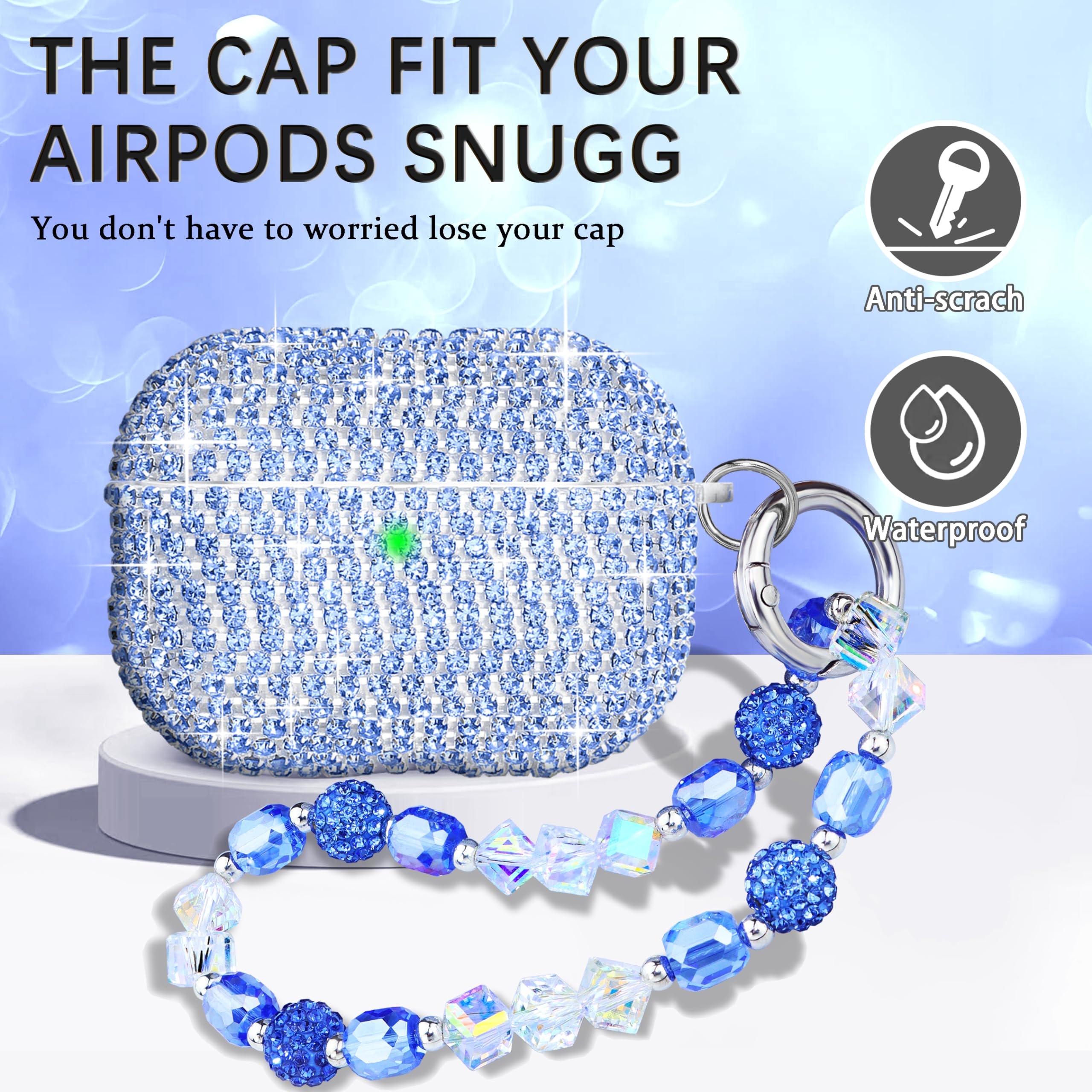 Topgraph for AirPods Pro 2 Case Cover with Lanyard Glitter Diamond Case for Airpod Pro 2nd Generation with Sparkle Bling Crystal Wrist Strap Keychain Blue - Image 3
