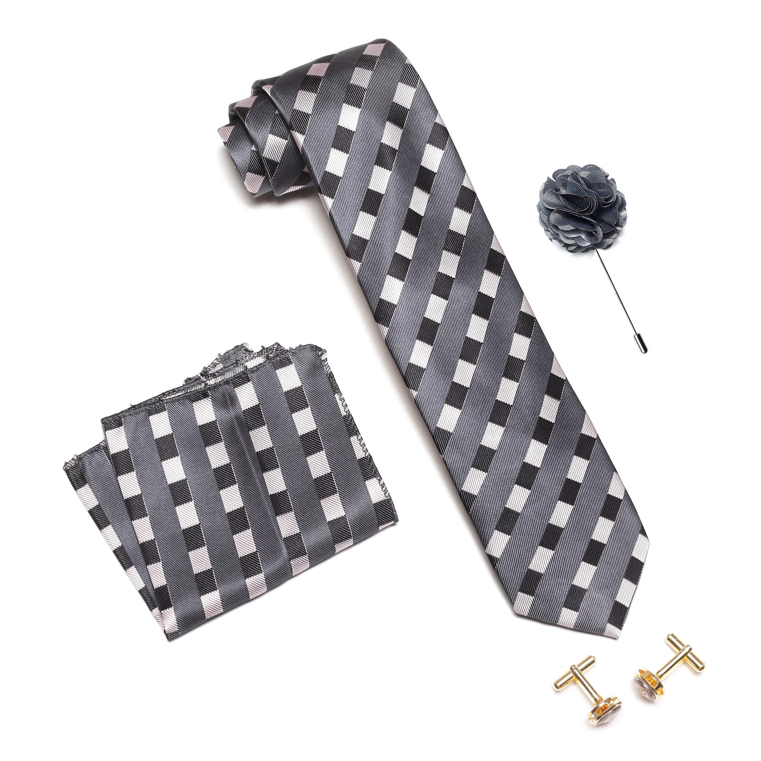 axlon Men's Micro Polyester Broad-Stripped Necktie Set with Pocket Square, Brooch Pin and Cufflinks (Dark Grey, Free Size)-picture-32