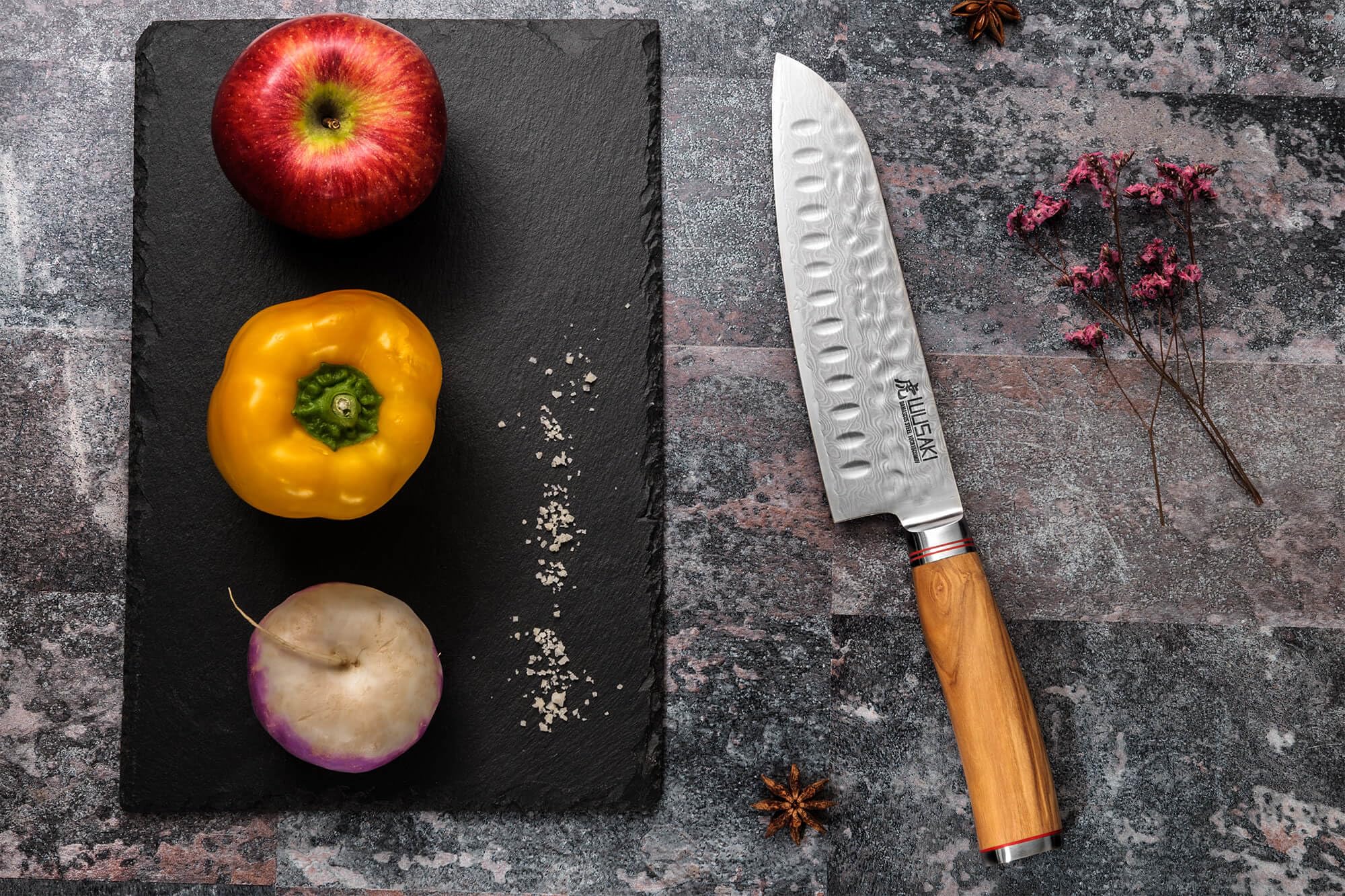 Wusaki - Couteau Santoku Lame Damas 17cm acier inoxydable 10Cr Manche Olivier avec coffret cadeau