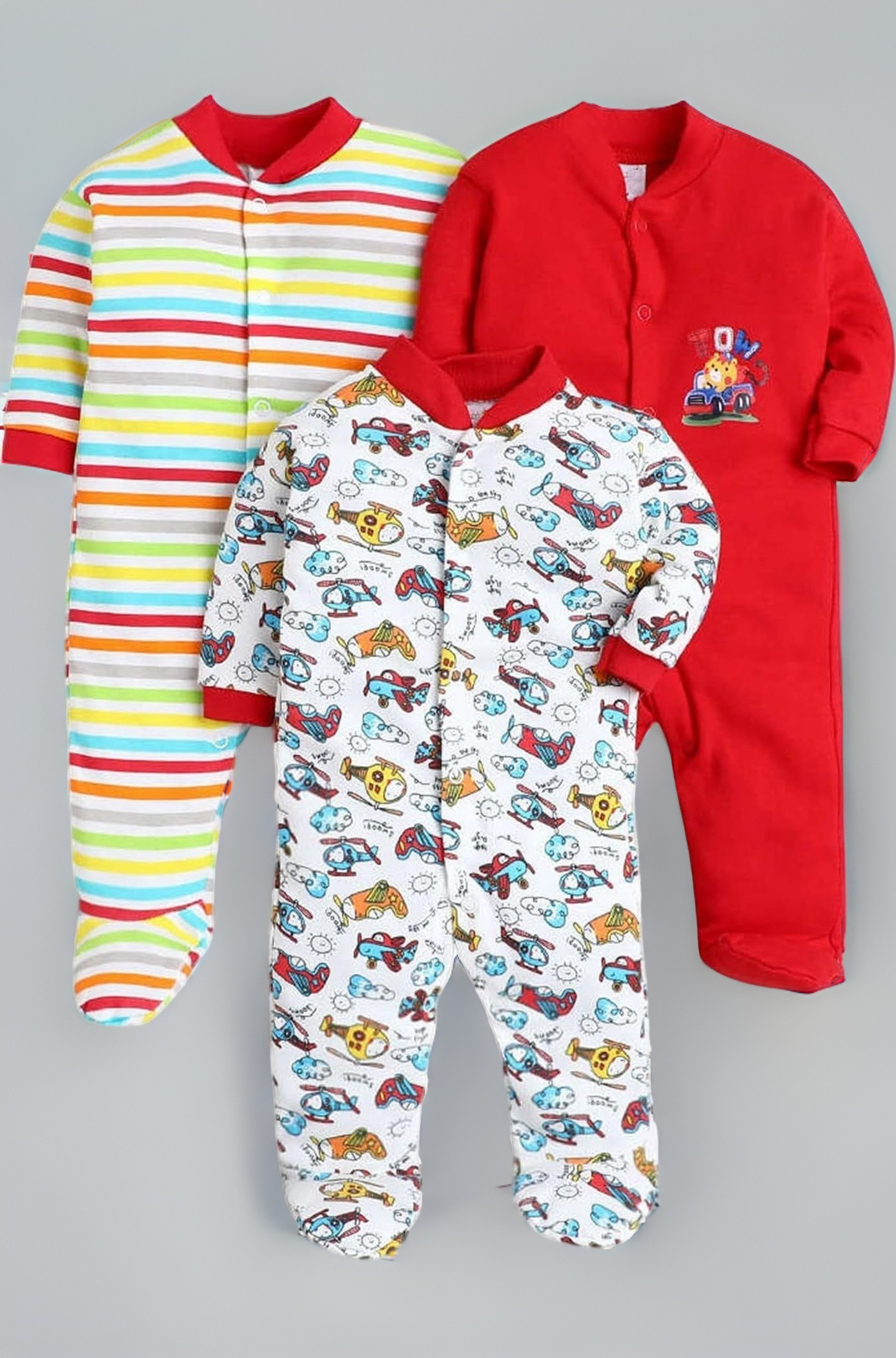 EIO 100% Cotton Baby Rompers Sleepsuits Jumpsuits Night Suits for Newborn Baby Boys & Girls | Soft Infant Bodysuit | Pack of 3 Kids Rompers